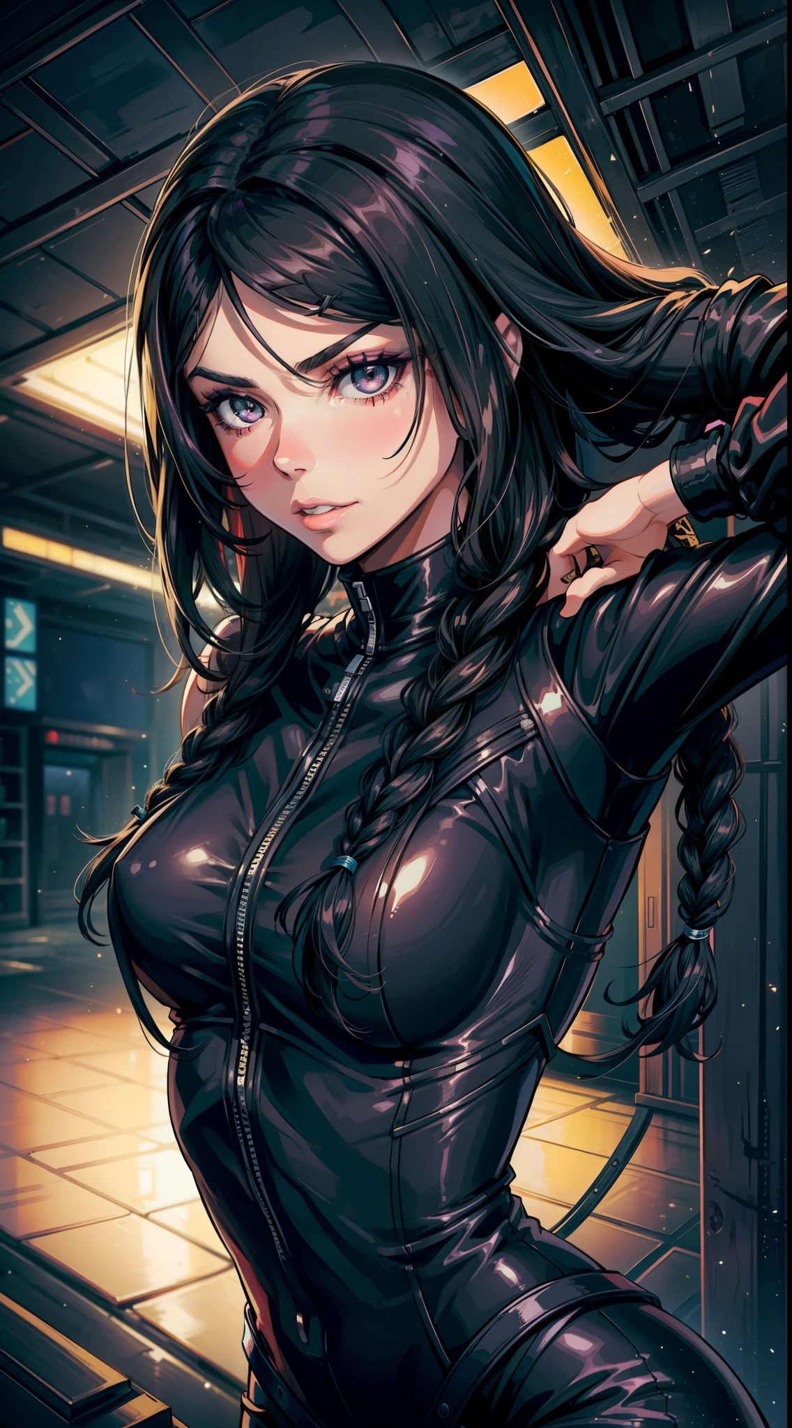 Solo, Octavia (Marie Avgeropoulos, long black hair with braids, eyeliner, makeup, gloss), running in a dark florest, dark leather sexy costume, night, star lights