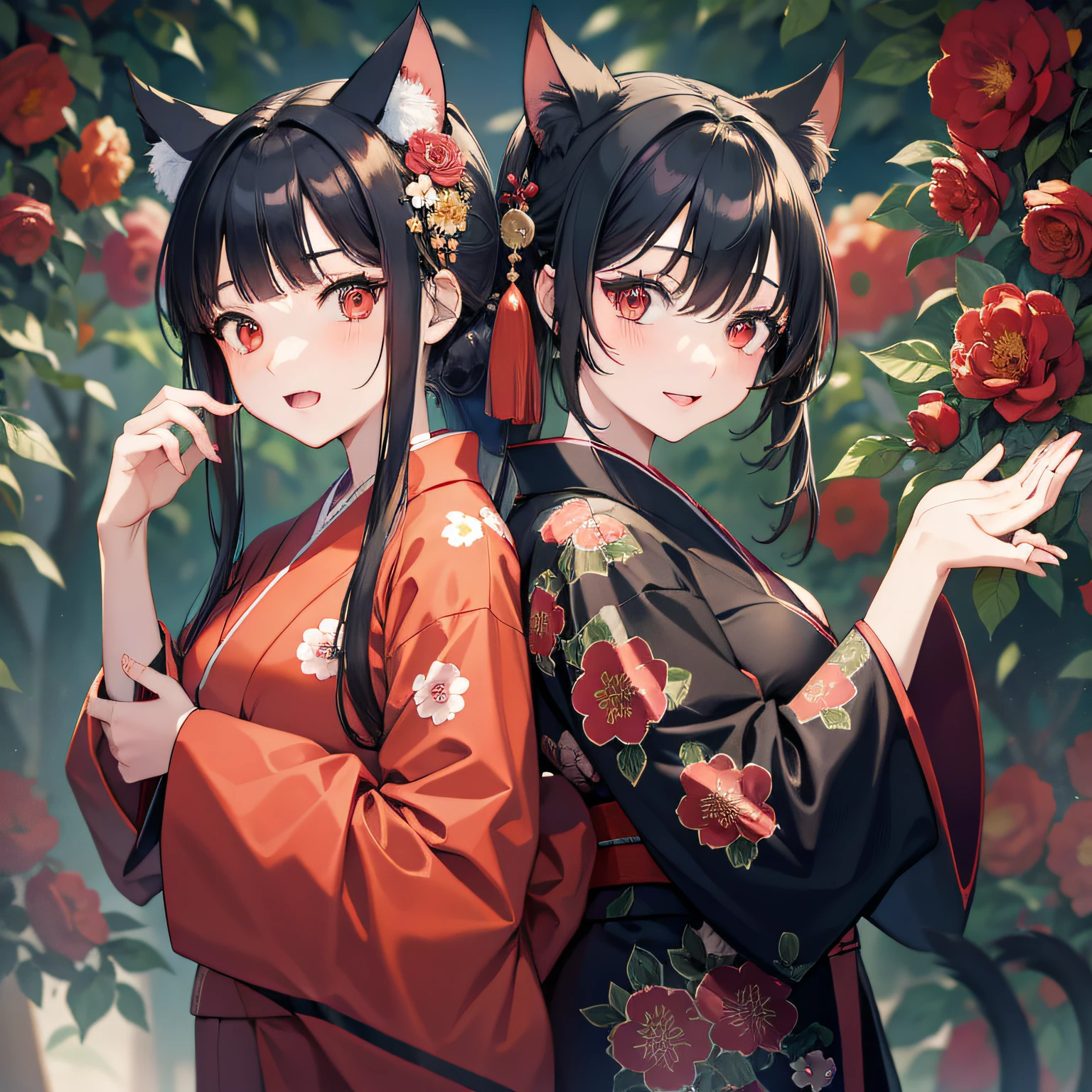 masterpiece, high resolution, high quality, NSFW, 2 girls, red kimono, floral pattern, small breasts, cat ears, red eyes, black hair, long hair, black kimono, big breasts, cat ears, floral pattern, red eyes, black hair, ponytail