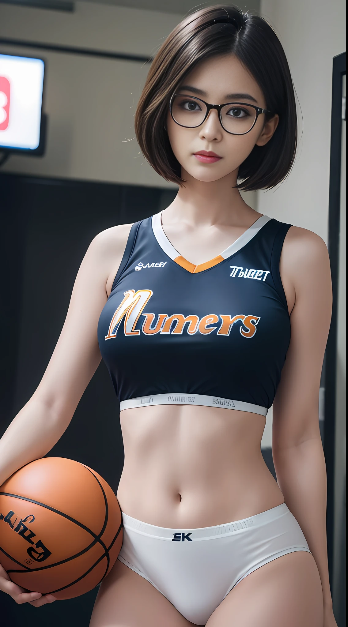 A close-up shot of a woman wearing glasses ((8K)) holding a basketball in a standing position, short hair, bob haircut, looking at the camera, wearing a basketball jersey, denver nuggets, the background of the basketball court, ((slotted bra)), (breasts), tight panties, (tight clothes) NBA, denver nuggets, masterpiece, payment Attention to the details of the picture, especially the eyes, the details, the emphasis on realism, is a realistic masterpiece, this official background, super-sentences , aesthetic, aesthetic, best quality, show image elegance and aesthetic, 8K, cinematography, 4HD, emphasis (on tight clothes), (tight underpants), (cracked chest) top quality image