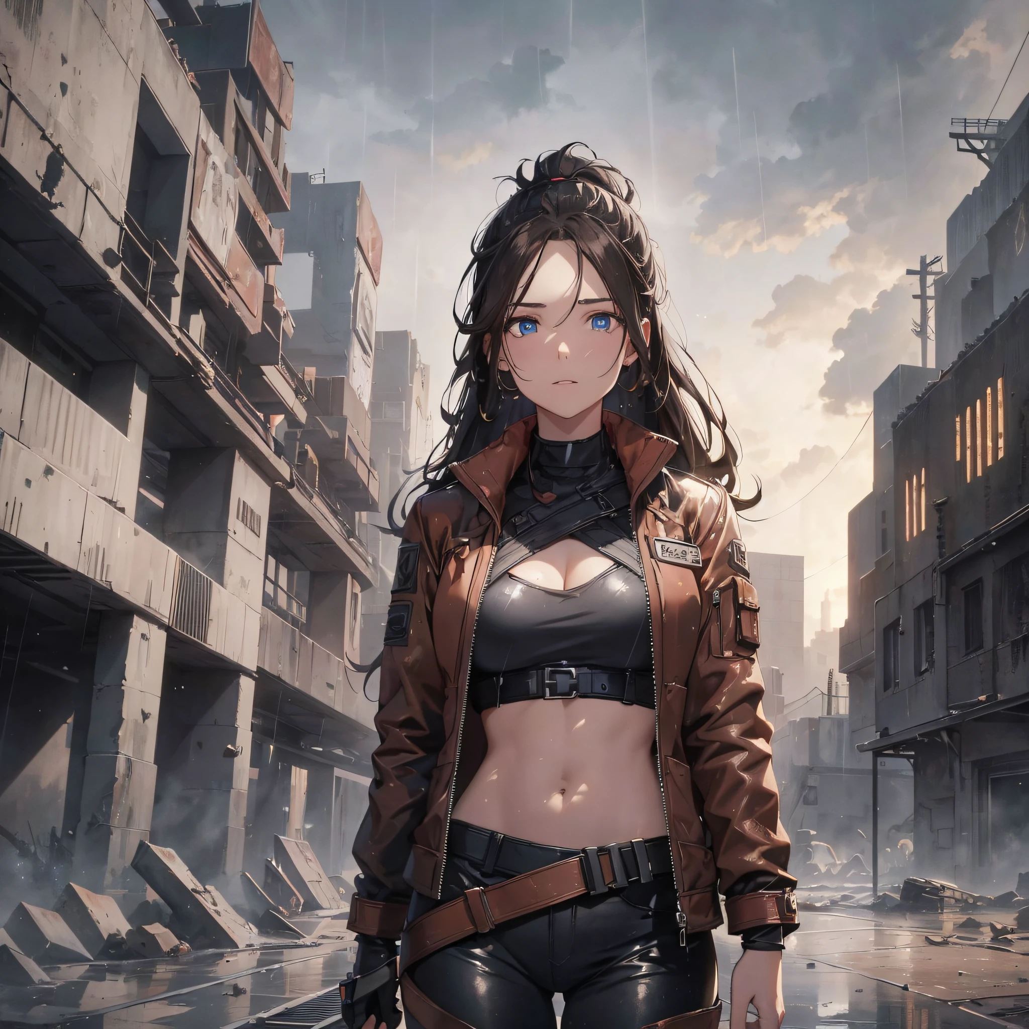 16K, HDR,UHD, RTX, ray tracing, chiaroscuro, best quality, masterpiece, ethereal, perfect illustration, digital artwork, trending on artstation, jaw-droppingly perfection, ultra realistic, textured amazing lighting effects, perfect shadows, WLOP, 1girl, beautiful mature edgy woman in a cool long red jacket and black pants, long ponytail, brown hair, highly detailed glowing blue eyes, beautiful face, perfect anatomy, standing near a massive ancient crashed spaceship, dust, mist, windy, ancient desert, nuclear waste-land, post-apocalyptic, day time, raining, ruins, wet effects, highly detailed rain drops, megalophobia, despair, nostalgia, melancholy
