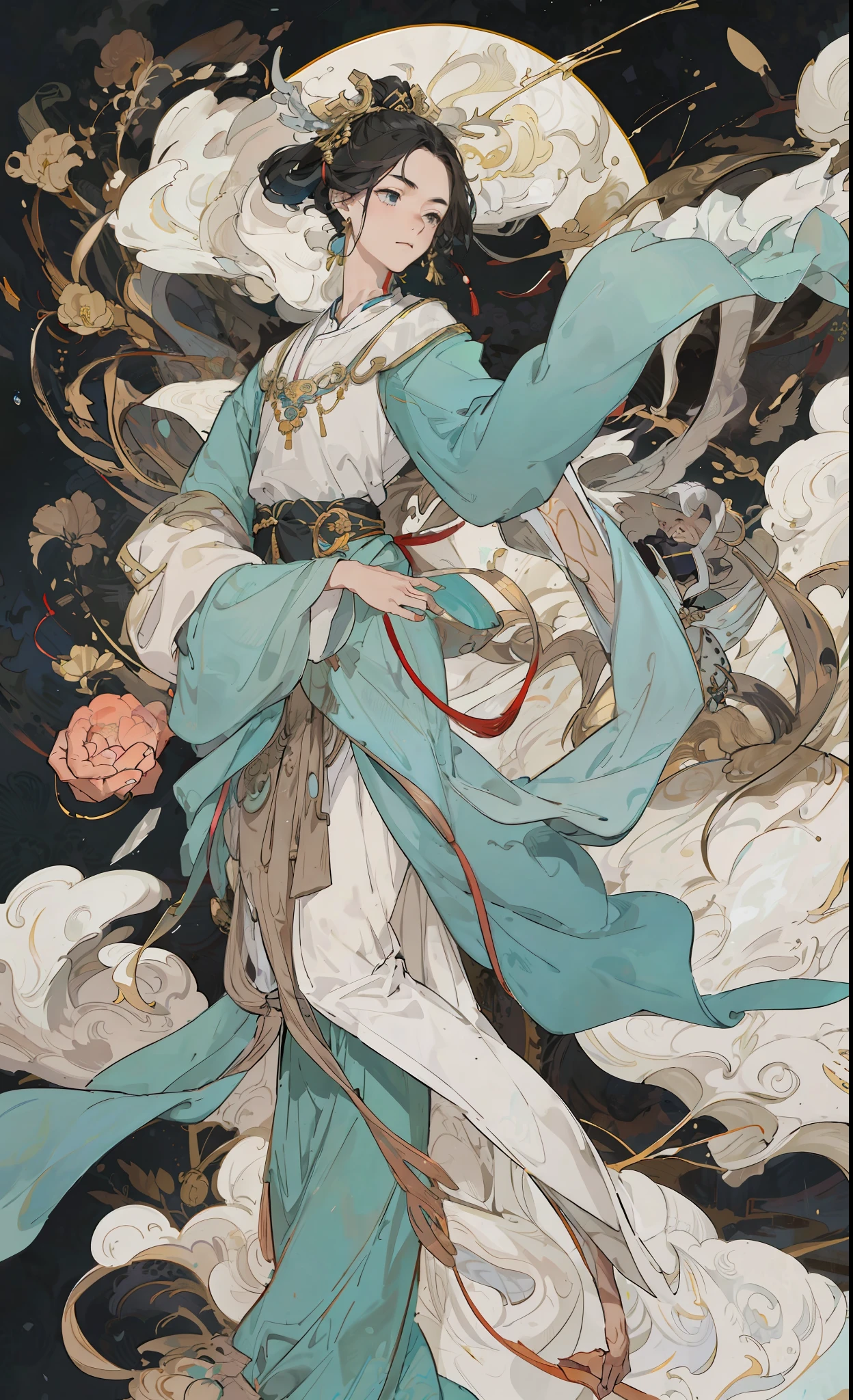 a boy, ancient chinese costume, full body, sunlight, clear face, clean white background, masterpiece, super detail, epic composition, ultra hd, high quality, extremely detailed, official art, uniform 8k wallpaper, super detail, 32k