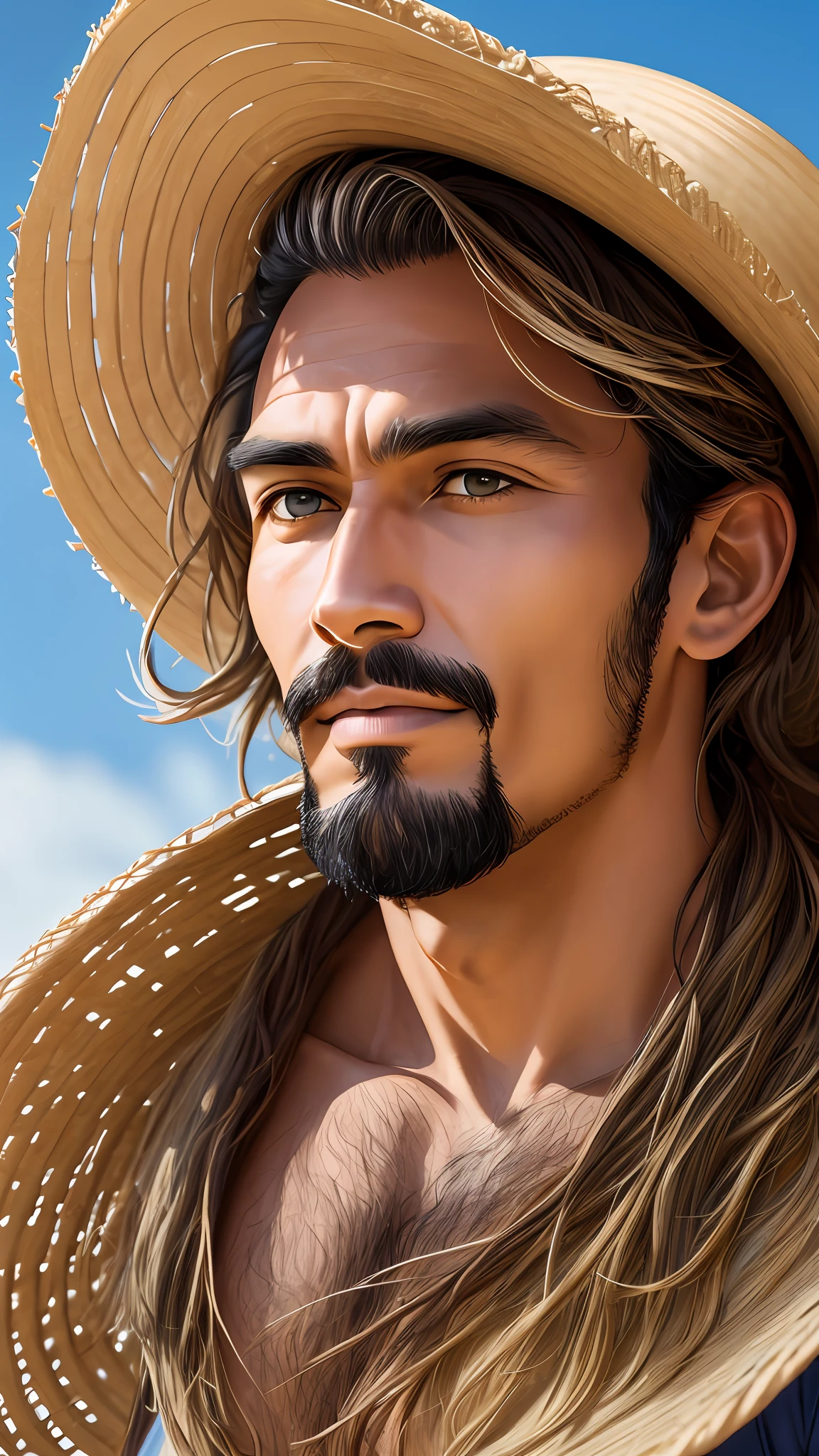 one man with goatee, wearing straw hat, close up portrait, 8k,