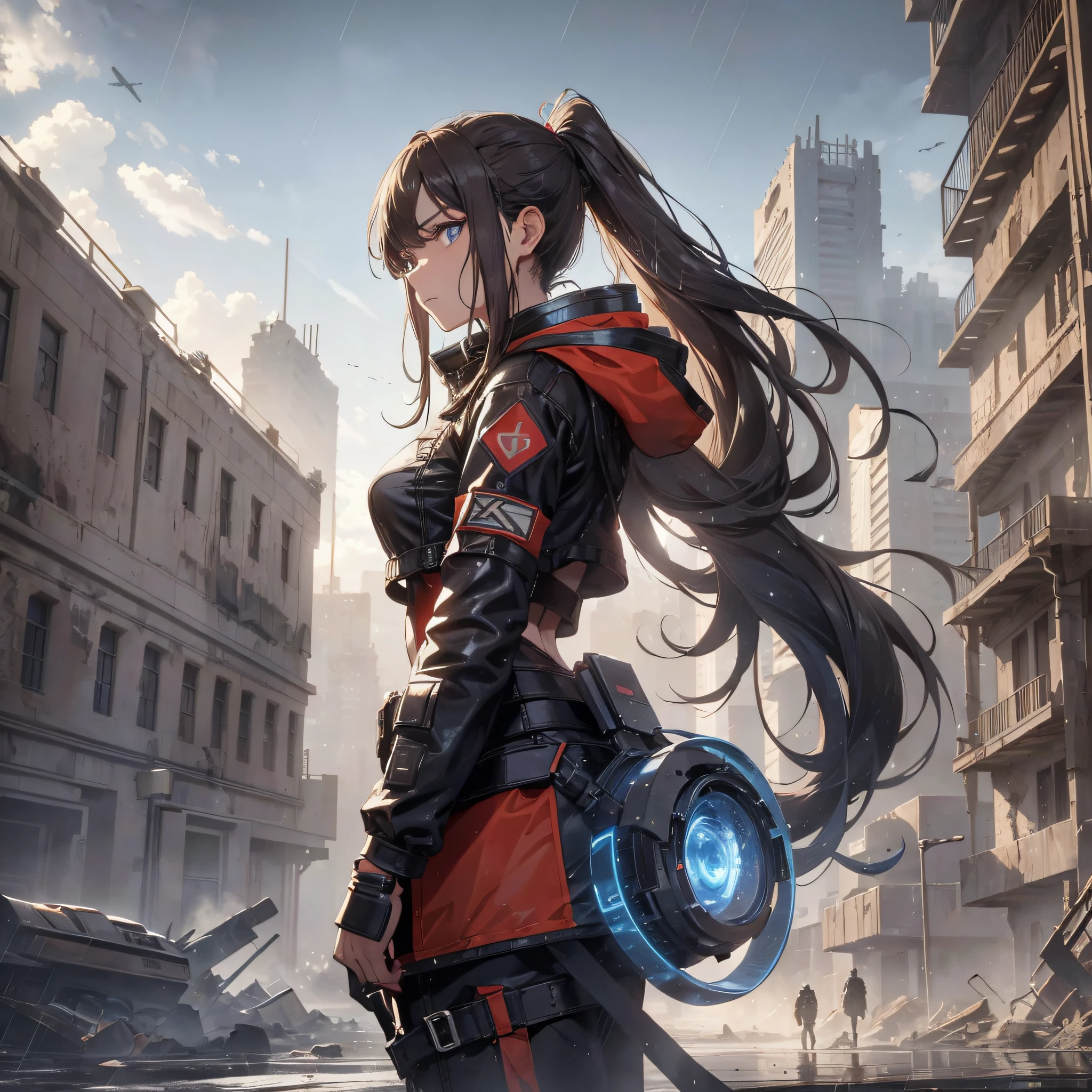16K, HDR,UHD, RTX, ray tracing, chiaroscuro, best quality, masterpiece, ethereal, perfect illustration, digital artwork, trending on artstation, jaw-droppingly perfection, ultra realistic, textured amazing lighting effects, perfect shadows, WLOP, 1girl, beautiful mature edgy woman in a cool long red jacket and black pants, long ponytail, brown hair, highly detailed glowing blue eyes, beautiful face, perfect anatomy, standing near a massive ancient crashed spaceship, dust, mist, windy, ancient desert, nuclear waste-land, post-apocalyptic, day time, raining, ruins, wet effects, highly detailed rain drops, megalophobia, despair, nostalgia, melancholy