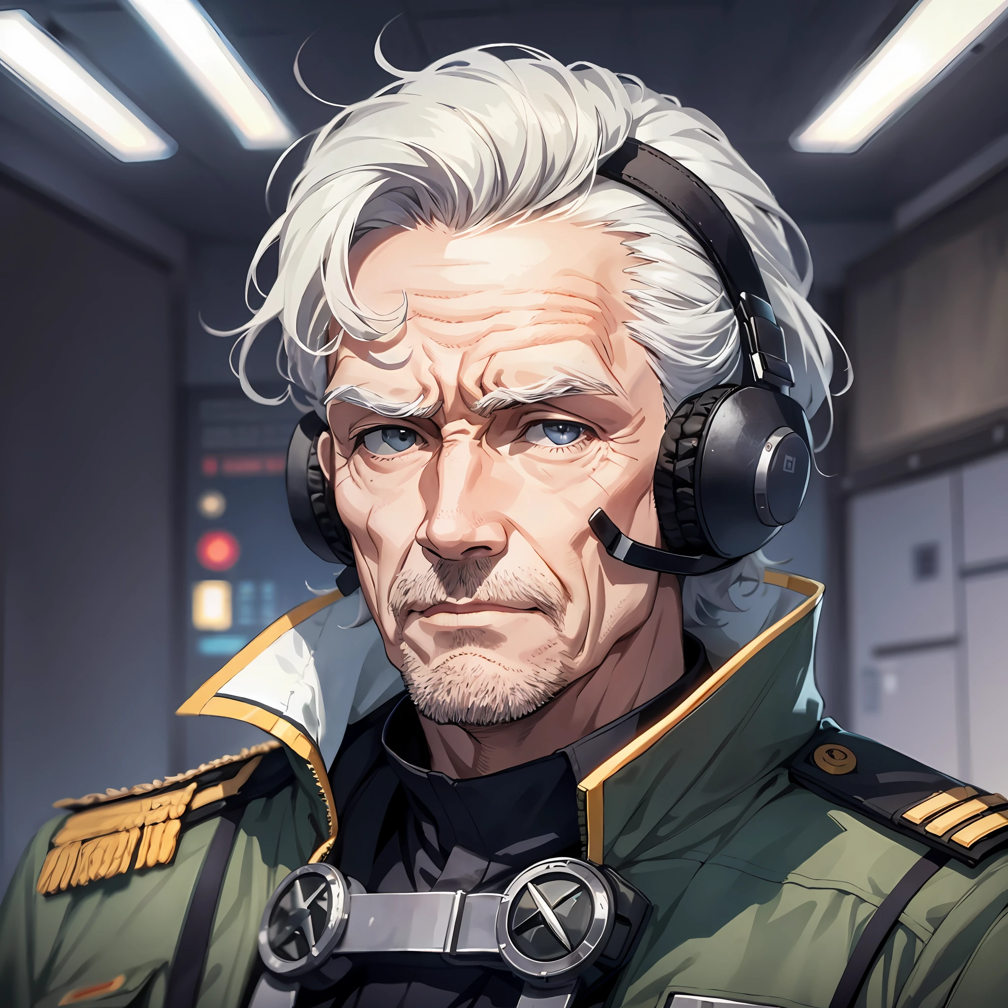 A commander dressed as an elderly man (1.5), with a bland expression, and the background is very large with a lot of big screens in the combat command