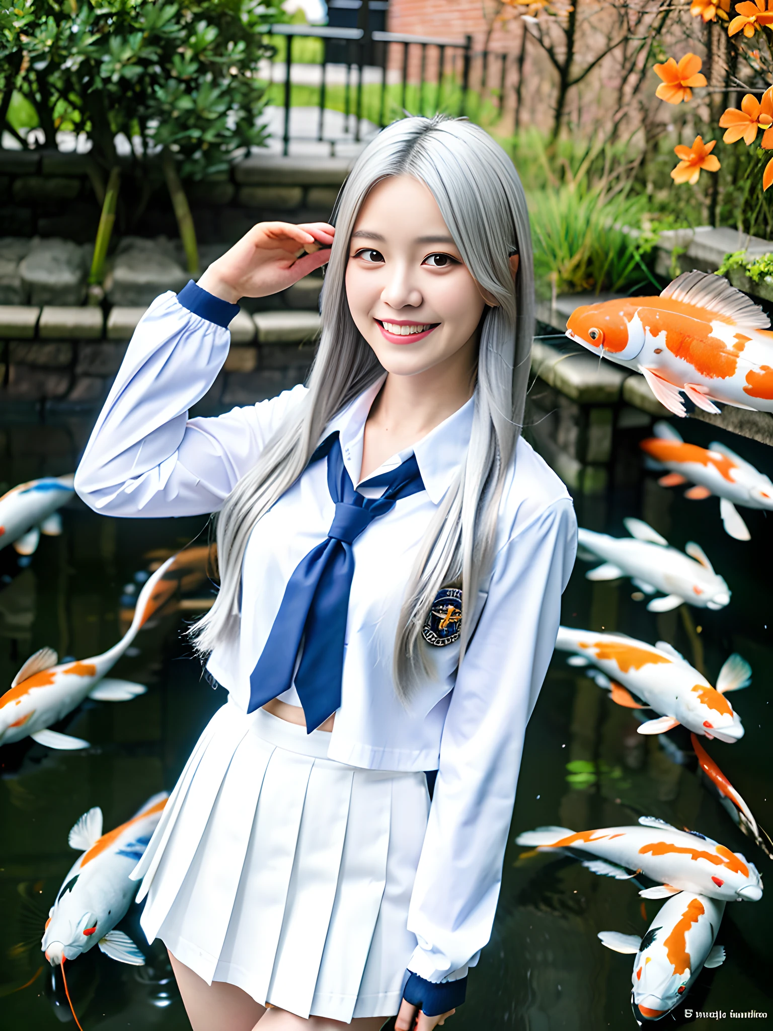 Girl, cute, smiling, perfectly matched eyes, the most beautiful person in the world, silver white hair, high school uniform, standing on the head of a koi, high quality, blue sky, white clouds, super fine, full body, symmetrical view, super detailed 8k masterpiece, best quality and high saturation