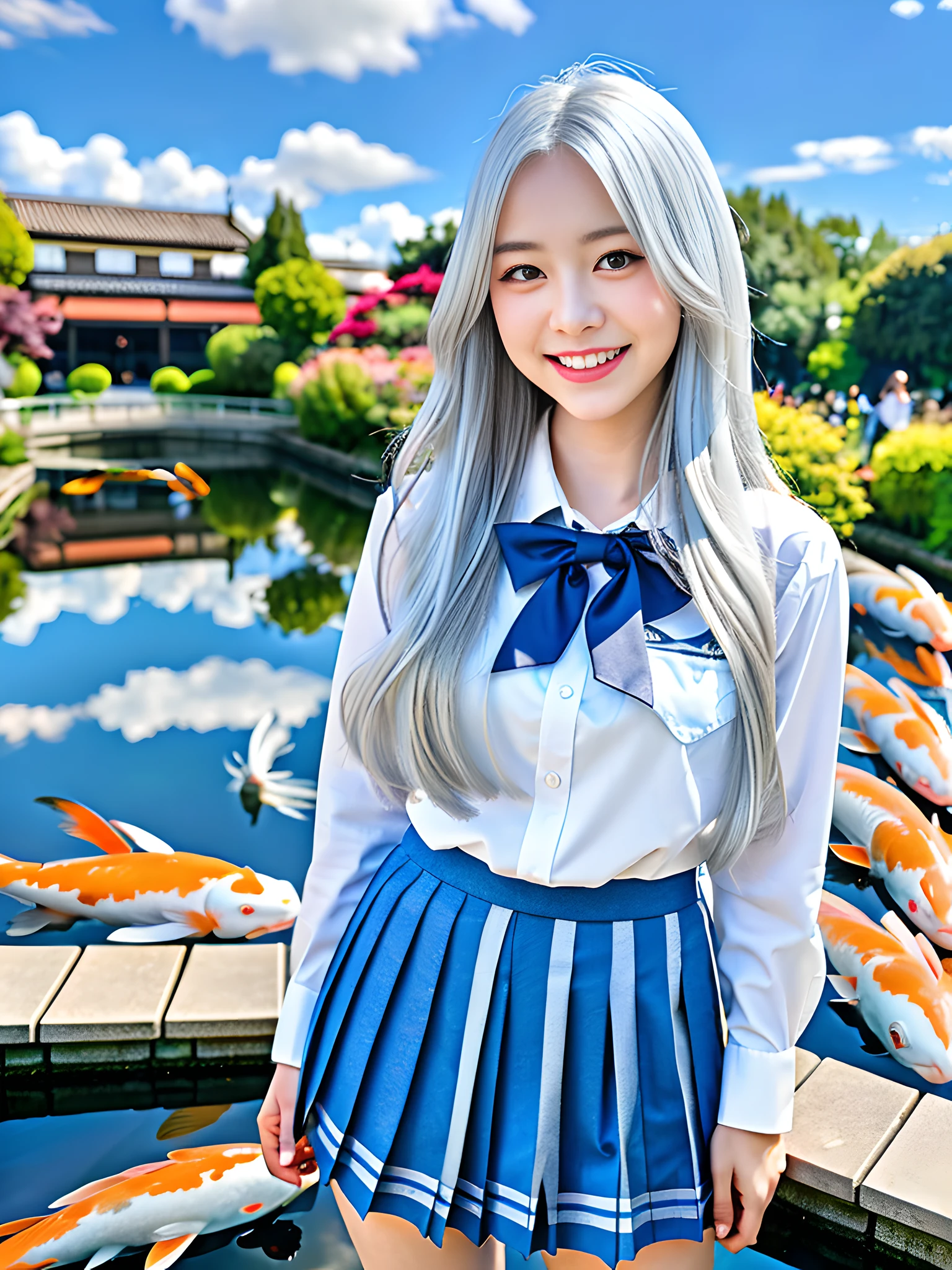Girl, cute, smiling, perfectly matched eyes, the most beautiful person in the world, silver white hair, high school uniform, standing on the head of a koi, high quality, blue sky, white clouds, super fine, full body, symmetrical view, super detailed 8k masterpiece, best quality and high saturation