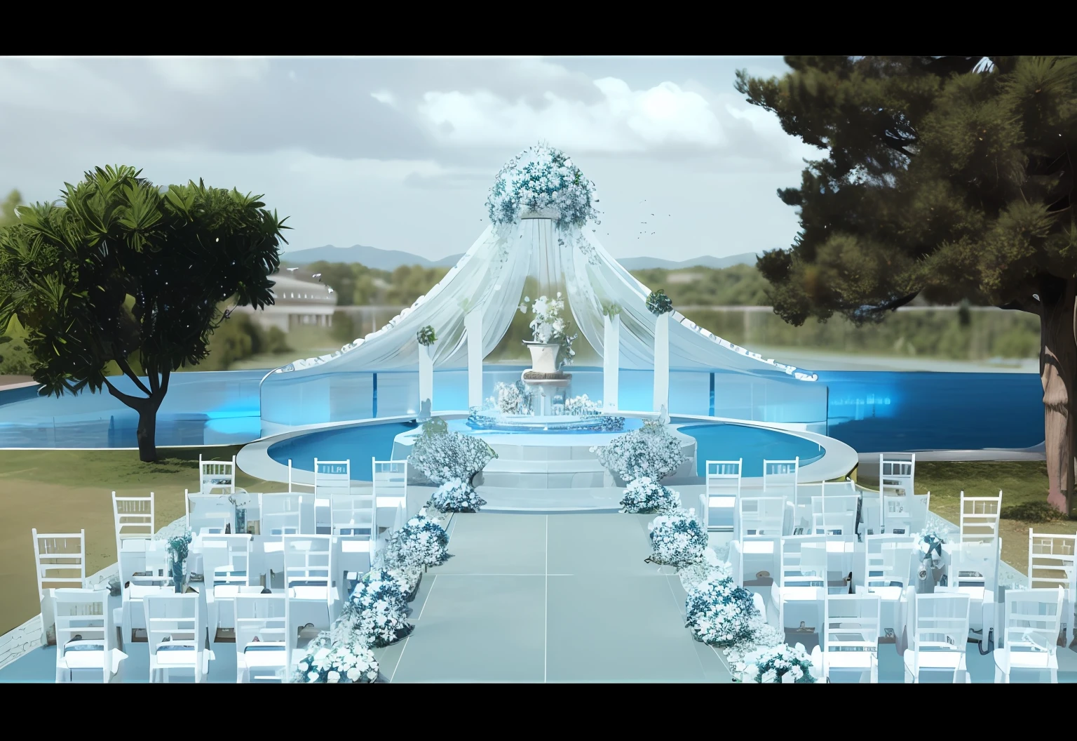 there is a wedding ceremony set up with chairs and a fountain, glamorous setting, stunning arcanum backdrop, in style of 3d render, conceptual rendering, 3 d renders, conceptual, beautiful rendering, rendering, cg rendering, luxurious wedding, detailed rendering, fantastical setting, raytraced 3d set design, rendering of beauty pageant, final render