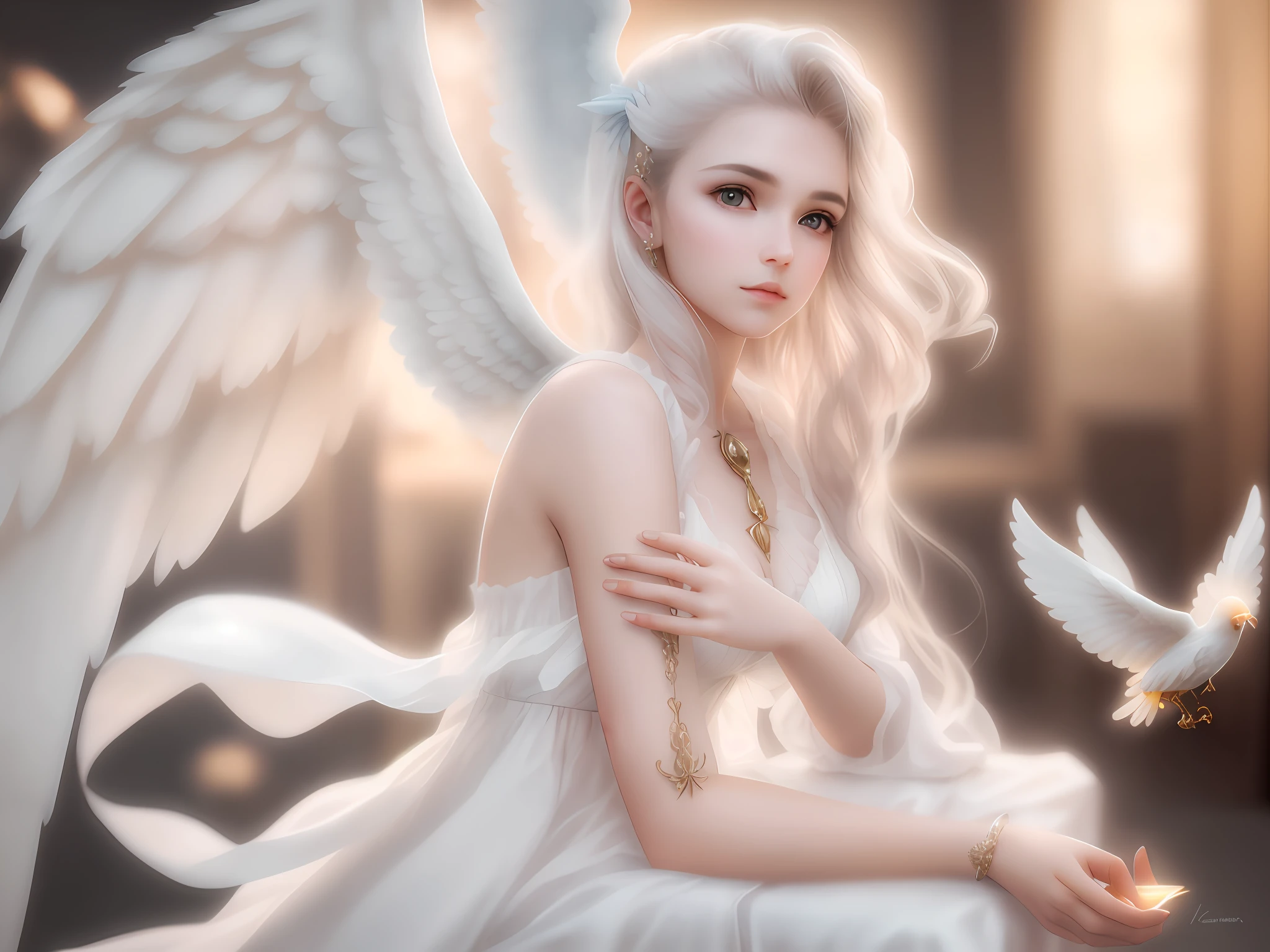 Beautiful angel, perfect face, detailed, sharpen, fantasy, perfect hands, perfects fingers, perfect paloma, super detailed hair and wings, awan