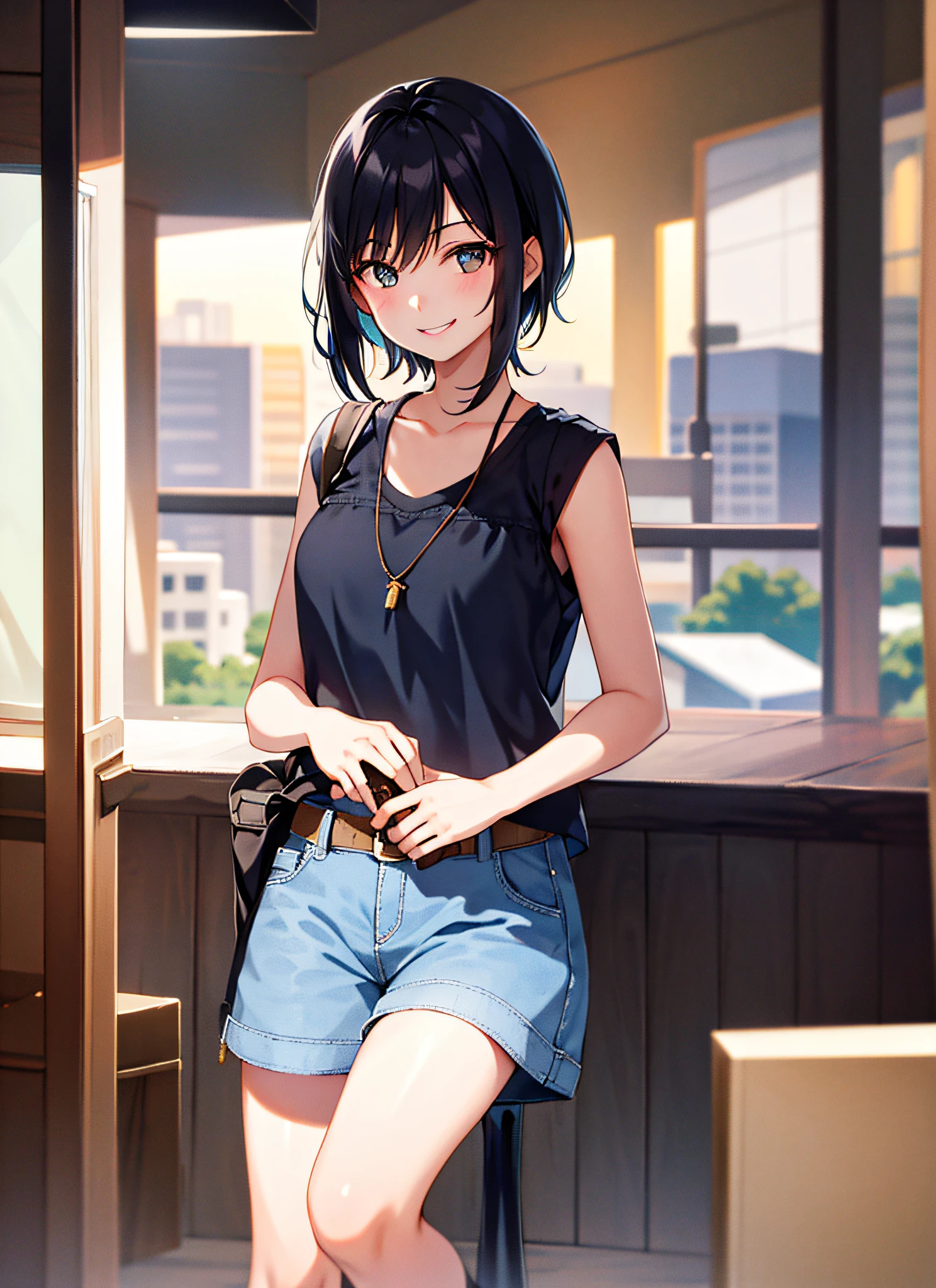 (morning), one girl, alone, looking at the viewer, cowboy shot, (downtown), cowboy shot, smile, black hair,summer
