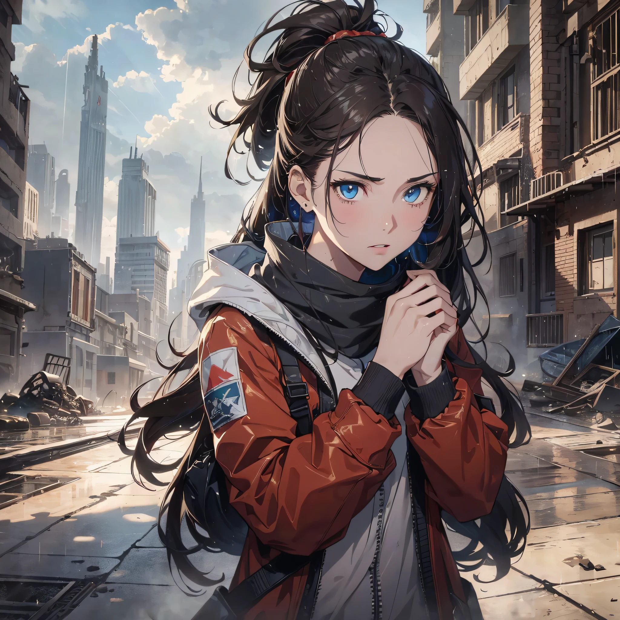 16K, HDR,UHD, RTX, ray tracing, chiaroscuro, best quality, masterpiece, ethereal, perfect illustration, digital artwork, trending on artstation, jaw-droppingly perfection, ultra realistic, textured amazing lighting effects, perfect shadows, WLOP, 1girl, beautiful mature edgy woman in a cool long red jacket and black pants, long ponytail, brown hair, highly detailed glowing blue eyes, beautiful face, perfect anatomy, standing near a massive ancient crashed spaceship, dust, mist, windy, ancient desert, nuclear waste-land, post-apocalyptic,day time, raining, ruins, wet effects, highly detailed rain drops, megalomania, despair, nostalgia, melancholy