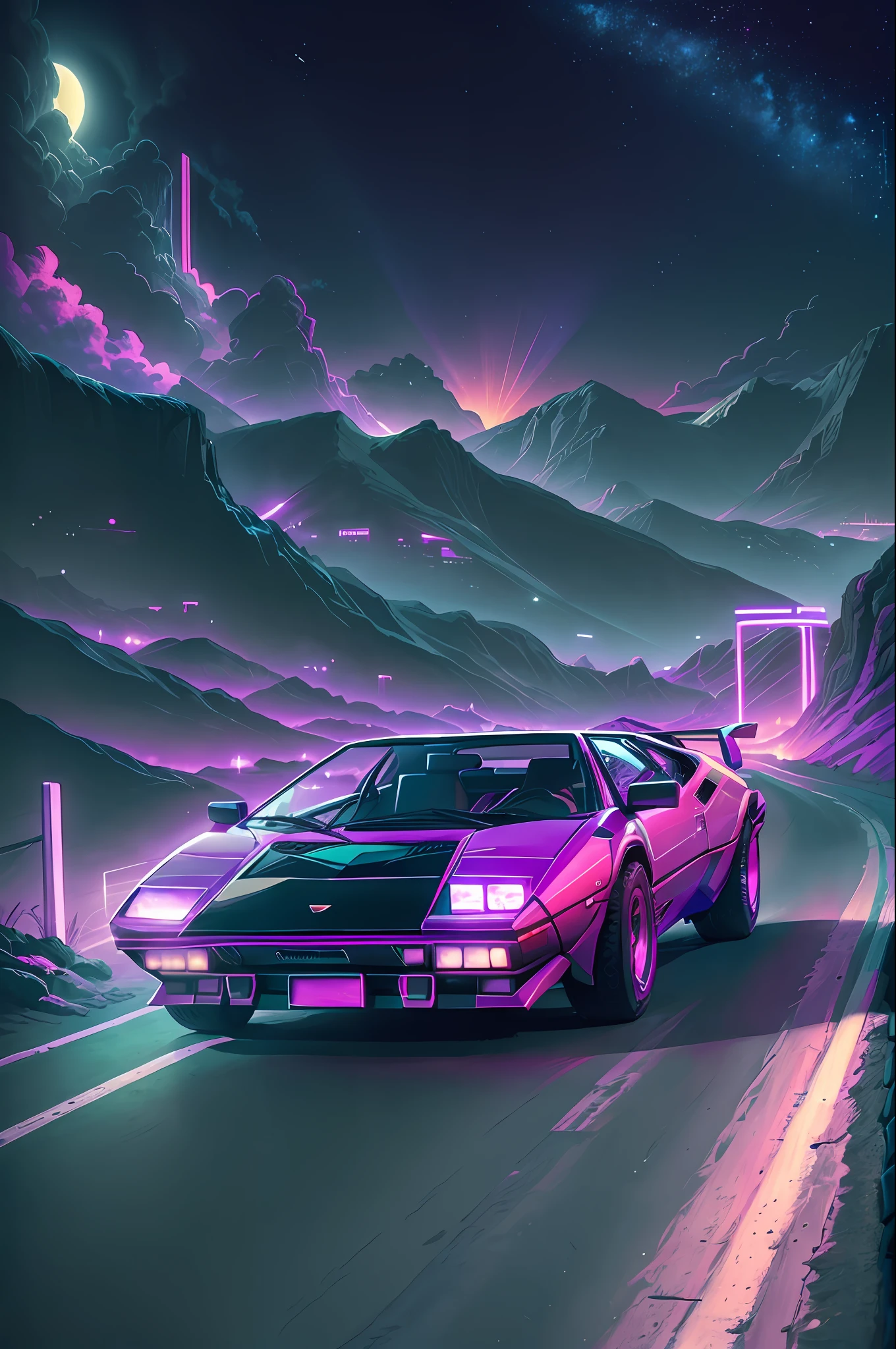 retrowave. 1982 lamborghini countach 500 S model on the road road, purple neon lights, sun, mountain,
(masterpiece,detailed,highres), --s2