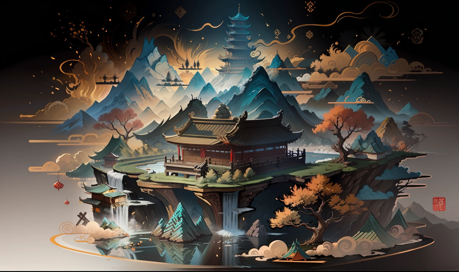 Ancient Chinese scenery, mountains, rivers, auspicious clouds, sunshine, masterpieces, super detail, epic composition, ultra HD, high quality, extremely detailed, official art, unified 8k wallpaper, Super detail, 32k -- v 6