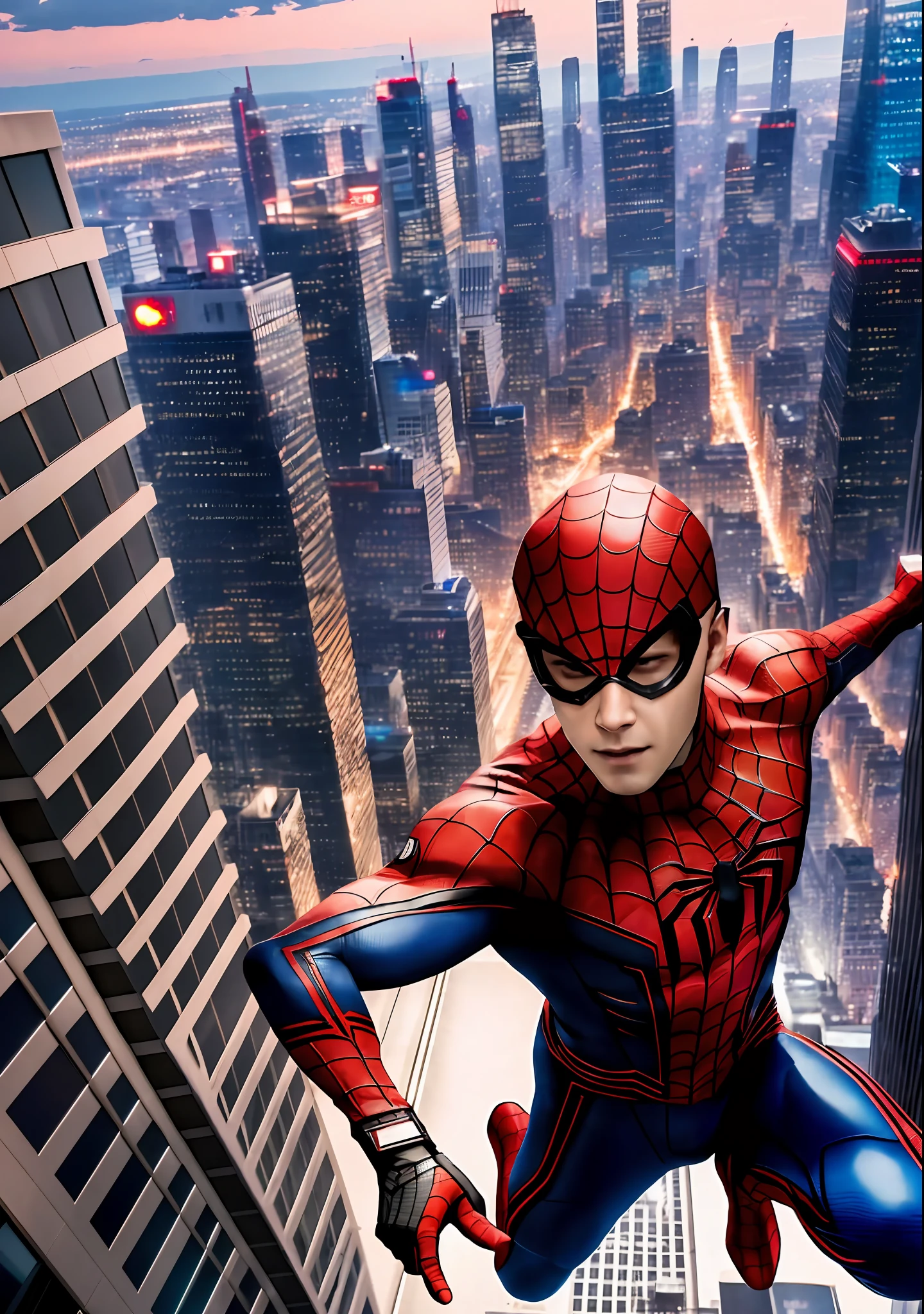 Simulation style, model shooting style, RAW Spider-Man, ((Beautiful face: 1.7,
Perfect face: 1.3)), (from above: 1.2), jumping between tall buildings,
