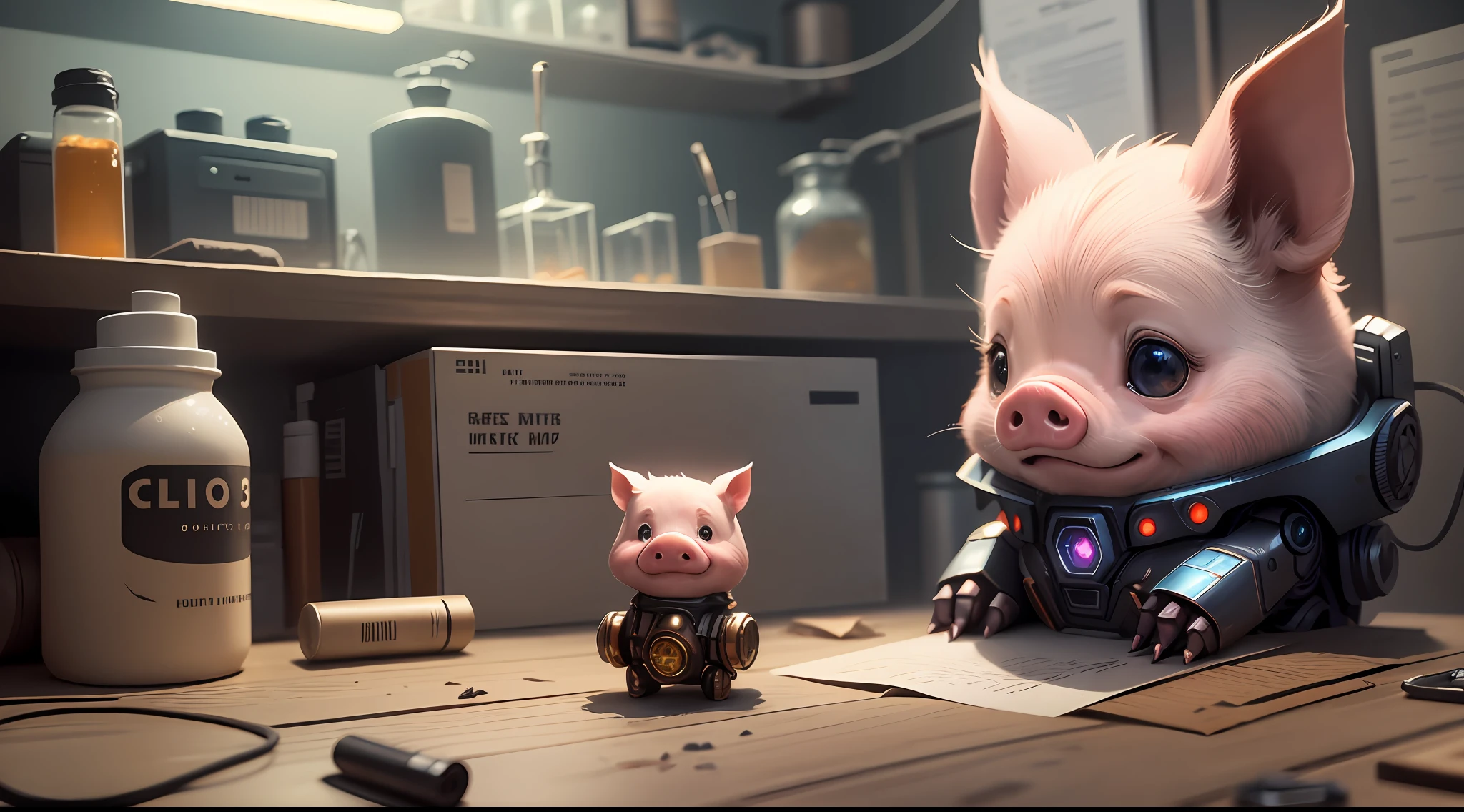 /imagine prompt: illustration of A little pig was hiding in the corner of the laboratory, very scared ,Various miscellaneous items in the laboratory::8, Piglet::3, A pitiful and fearful look::7, Golden ratio::5, first-person view::6, Unreal Engine::10, beautiful lighting::10, Cinematic light::11, Volumetric light::6, Fantasy::6, Pop art::5, 8k smooth::6, Futuristic Robots, Steampunk::10 --seed 252441588 --s 400 --q 2 --c 30 --auto --s2