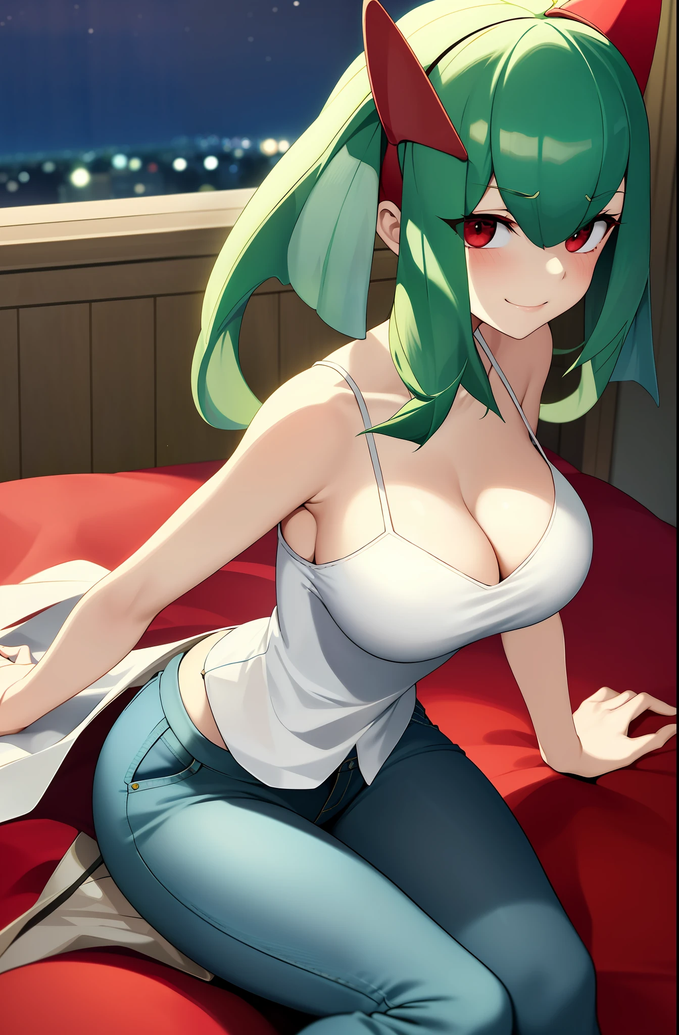 masterpiece, best quality, 1 girl, solo, kirlia, green hair, big breasts, big breasts, red eyes, white sleeveless blouse, tight blue jeans, porcelain skin, movie lighting, night, in a salon, lying on a carpet, legs apart, ripped jeans showing her underwear, red tight panties, blush, shy smile, turning elsewhere, View from above.
