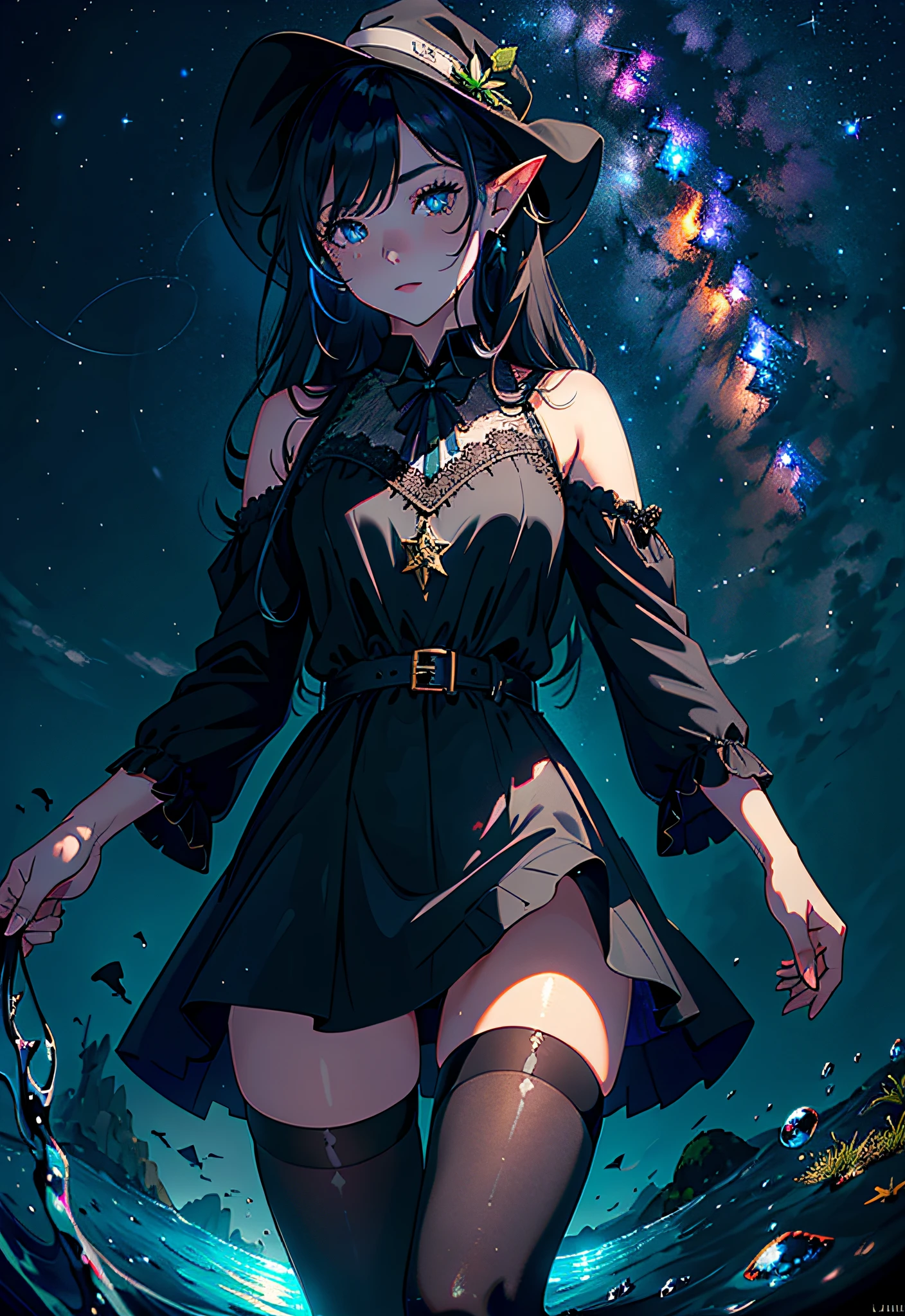 ((masterpiece)), ((bestquality))), (ultra-detailed), (illustration), (disheveledhair), ((colorful refraction)), ((beautiful detailed sky)), (thigh focus), (dark intense shadows), ((cinematic lighting)), ((Overexposed)), Depth of Field, Flat Color, (Beautiful Detailed Girl), Beautiful Detailed Glow, Detailed Lighting, Detailed Water, (Beautiful Detailed Eyes), Perfect Light, Lake, Sceptre, Night, Starry Sky, 1girl, Solo, (80D:1.2), (Black Pantyhose: 1.2), Standing in the Sea, Partially Submerged, Leprechaun, Black Hair, Blue Eyes, Elf Ears, Wizard Hat, Black Dress, :D, Ulzzang-6500-v1.1