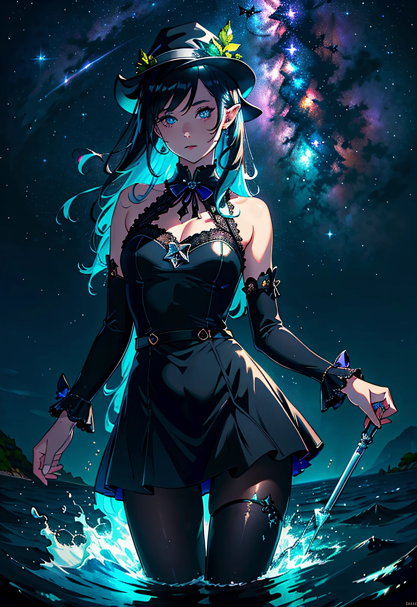 ((masterpiece)), ((bestquality))), (ultra-detailed), (illustration), (disheveledhair), ((colorful refraction)), ((beautiful detailed sky)), (thigh focus), (dark intense shadows), ((cinematic lighting)), ((Overexposed)), Depth of Field, Flat Color, (Beautiful Detailed Girl), Beautiful Detailed Glow, Detailed Lighting, Detailed Water, (Beautiful Detailed Eyes), Perfect Light, Lake, Sceptre, Night, Starry Sky, 1girl, Solo, (80D:1.2), (Black Pantyhose: 1.2), Standing in the Sea, Partially Submerged, Leprechaun, Black Hair, Blue Eyes, Elf Ears, Wizard Hat, Black Dress, :D, Ulzzang-6500-v1.1