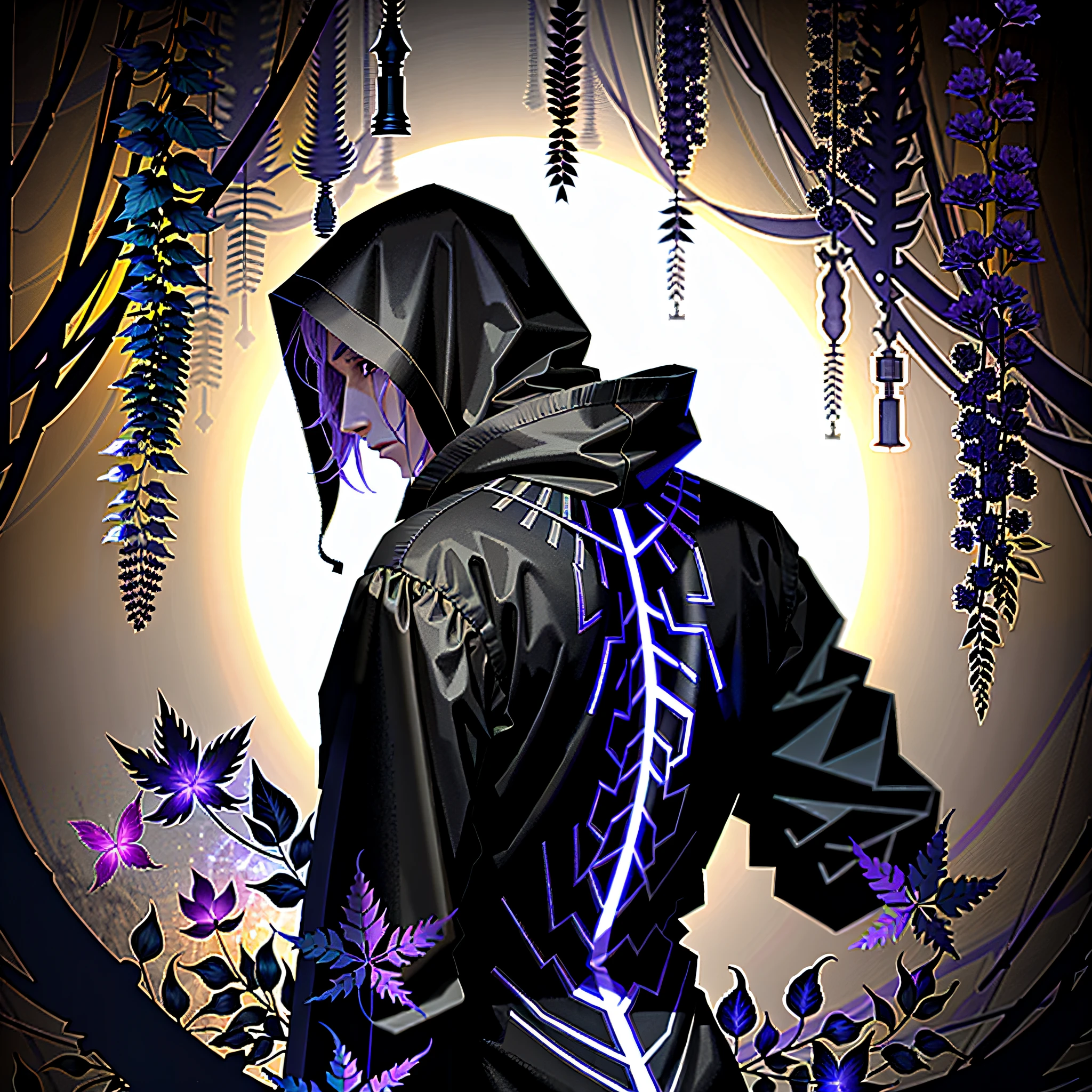 Silhouette of a person on his back, hooded watching a purple castalum full of vines and leaves. Cinematic lights, cinematic shadows, ultra detailed, artwork, magnificent quality, animated and dynamic pose