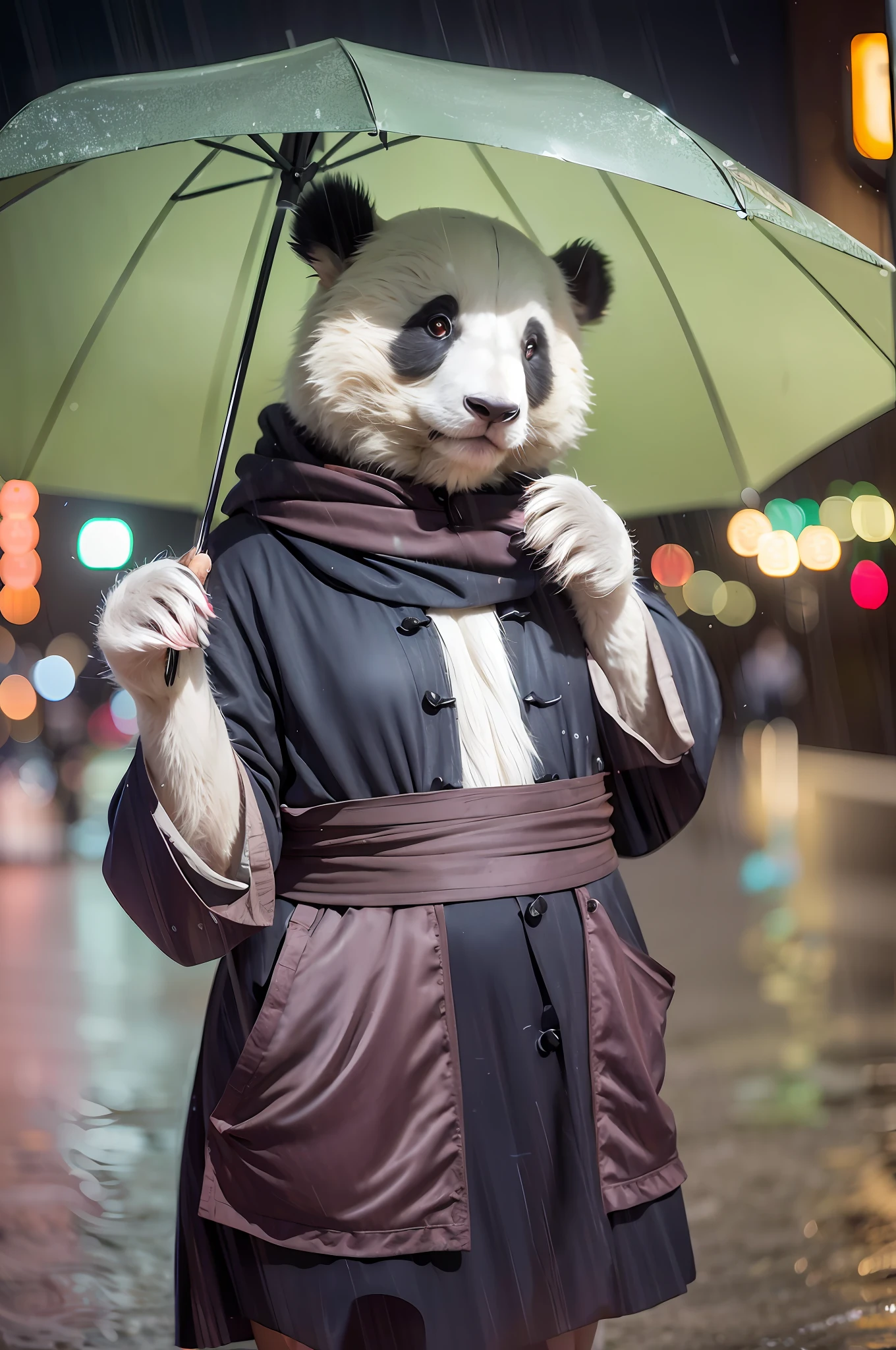 mix4, silk clothing, (8k, RAW photo, best quality, craftsmanship:1.2), (realistic, photoreal:1.37), cute, cityscape, night, rain, humidity, professional lighting, photon mapping, radiosity, physically based canal dye, a real cute panda