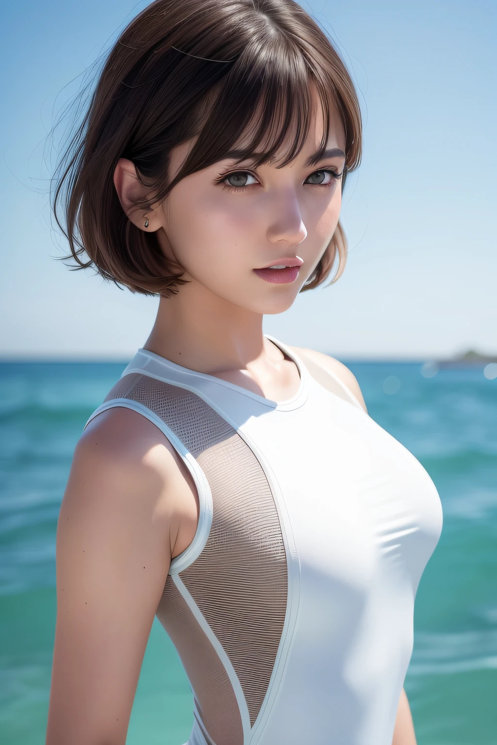 (RAW photo:1.2), (photorealistic:1.4),(masterpiece:1.3),(best quality:1.4),ultra high res,(detailed eyes),(detailed facial features),(detailed clothes features),HDR,8k resolution, solo focus, bangs, skin tight, (shiny skin),(slender girl),dreamlike,
(extreme detailed illustration),check commentary,commentary request,scenery,no text,
VirtualGirl-Rin, small breasts, bob hair, short hair, brown hair, brown eyes,
1girl, upper body,
White diving suit,
happy,smile,
