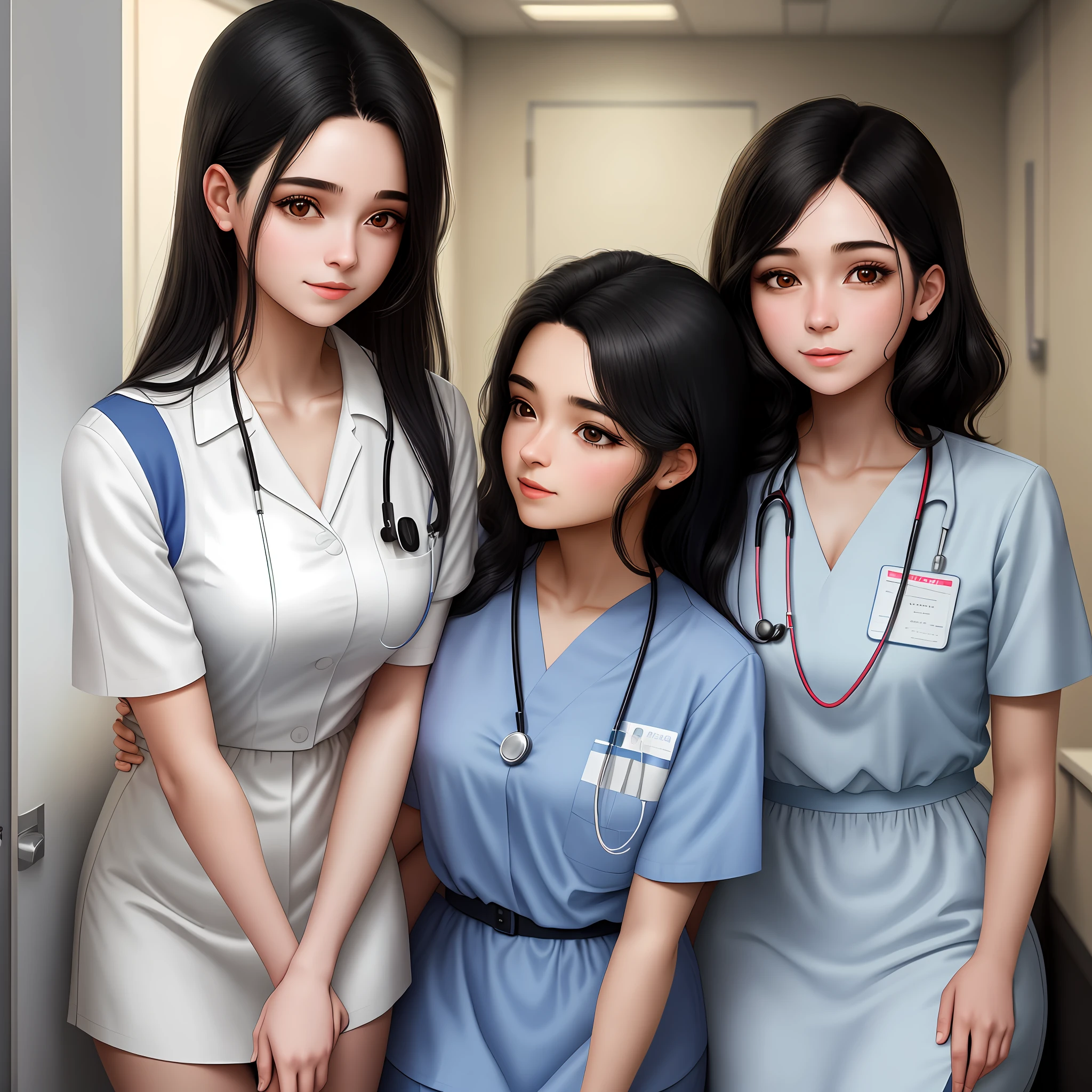 Two girls, a nurse and a hospital patient, both with black hair, lesbian couple, romance