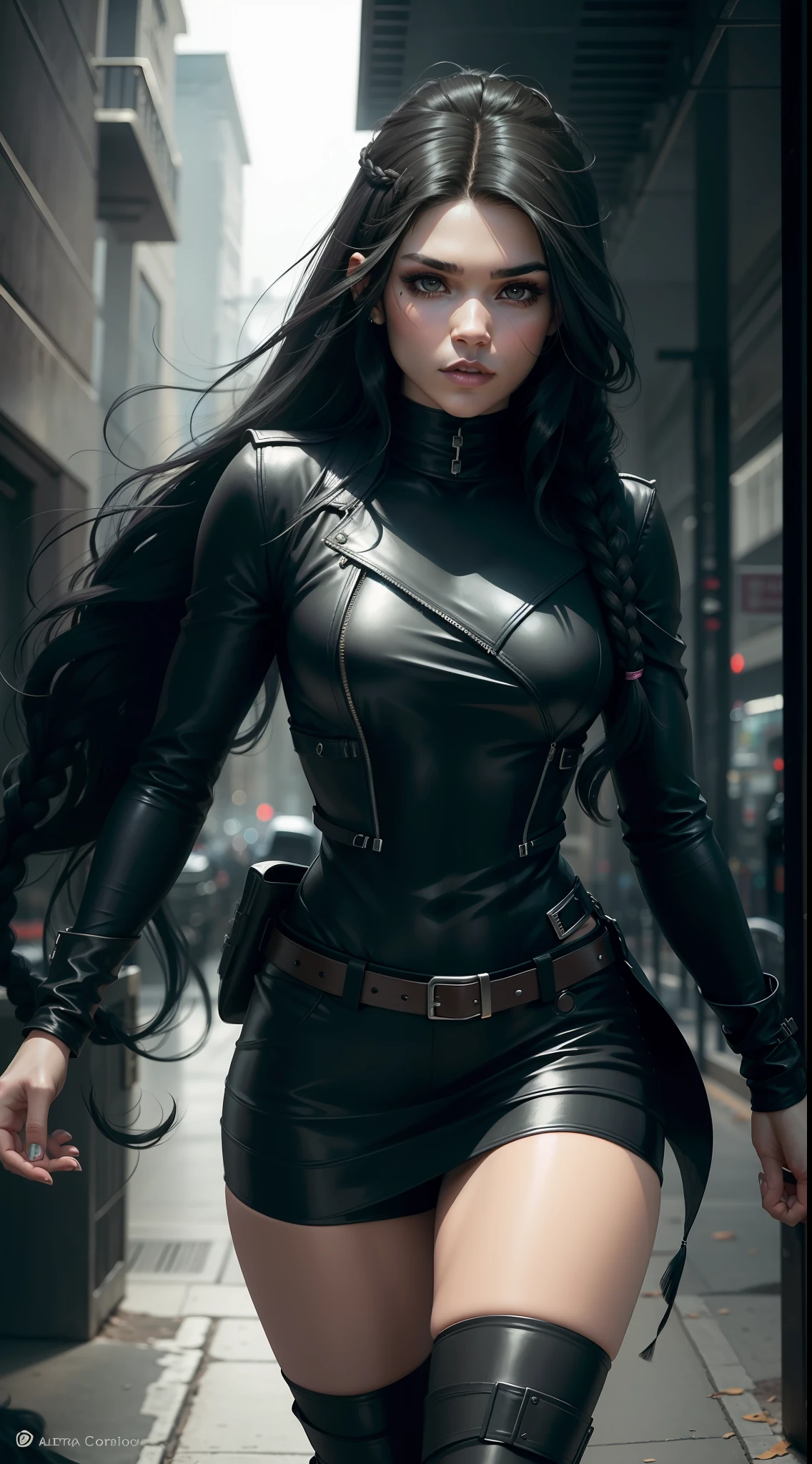 Solo, Octavia (Marie Avgeropoulos, long black hair with braids, eyeliner, makeup, gloss), running in a dark florest, dark leather sexy costume, night, star lights
