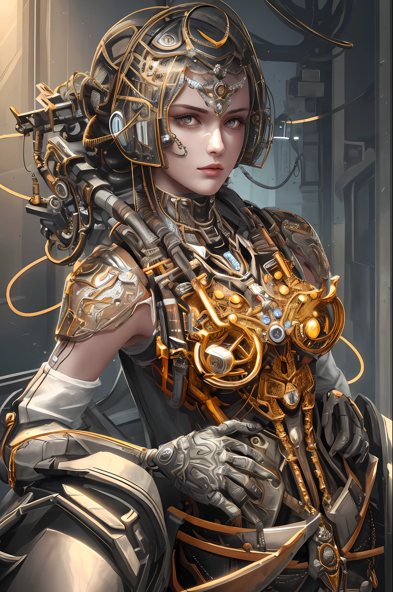 1mechanical girl,((ultra realistic details)), portrait, global illumination, shadows, octane render, 8k, ultra sharp,metal,intricate, ornaments detailed, cold colors, egypician detail, highly intricate details, realistic light, trending on cgsociety, glowing eyes, facing camera, neon details, machanical limbs,blood vessels connected to tubes,mechanical vertebra attaching to back,mechanical cervial attaching to neck,sitting,wires and cables connecting to head