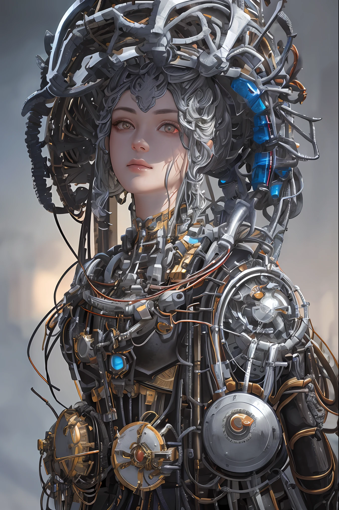 1mechanical girl,((ultra realistic details)), portrait, global illumination, shadows, octane render, 8k, ultra sharp,metal,intricate, ornaments detailed, cold colors, egypician detail, highly intricate details, realistic light, trending on cgsociety, glowing eyes, facing camera, neon details, machanical limbs,blood vessels connected to tubes,mechanical vertebra attaching to back,mechanical cervial attaching to neck,sitting,wires and cables connecting to head