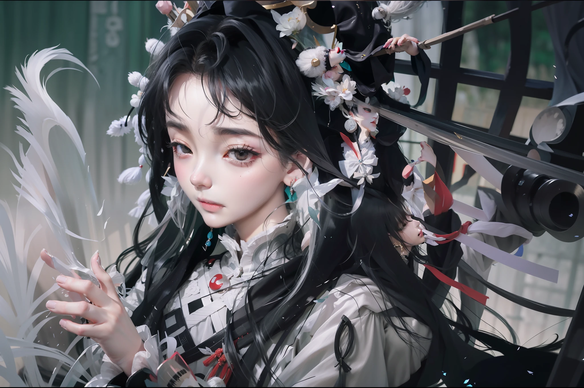 Gloomy weather, gray-black world, Miao girl, wearing silver jewelry, exquisite decoration, exquisite woman, tall, Hanfu, robe, national style beauty, very temperamental, Guvez art style, wearing tulle, white hair, Miao Xinjiang dressed, wizard, witch, empty eyes, white eyes,