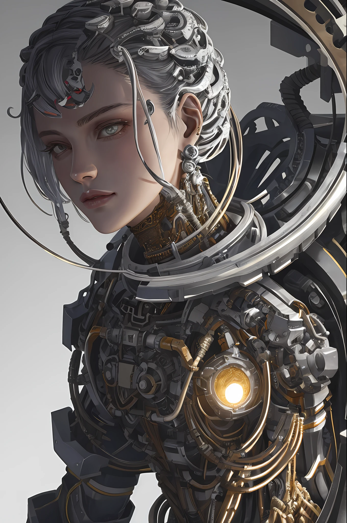 1mechanical girl,((ultra realistic details)), portrait, global illumination, shadows, octane render, 8k, ultra sharp,metal,intricate, ornaments detailed, cold colors, egypician detail, highly intricate details, realistic light, trending on cgsociety, glowing eyes, facing camera, neon details, machanical limbs,blood vessels connected to tubes,mechanical vertebra attaching to back,mechanical cervial attaching to neck,sitting,wires and cables connecting to head