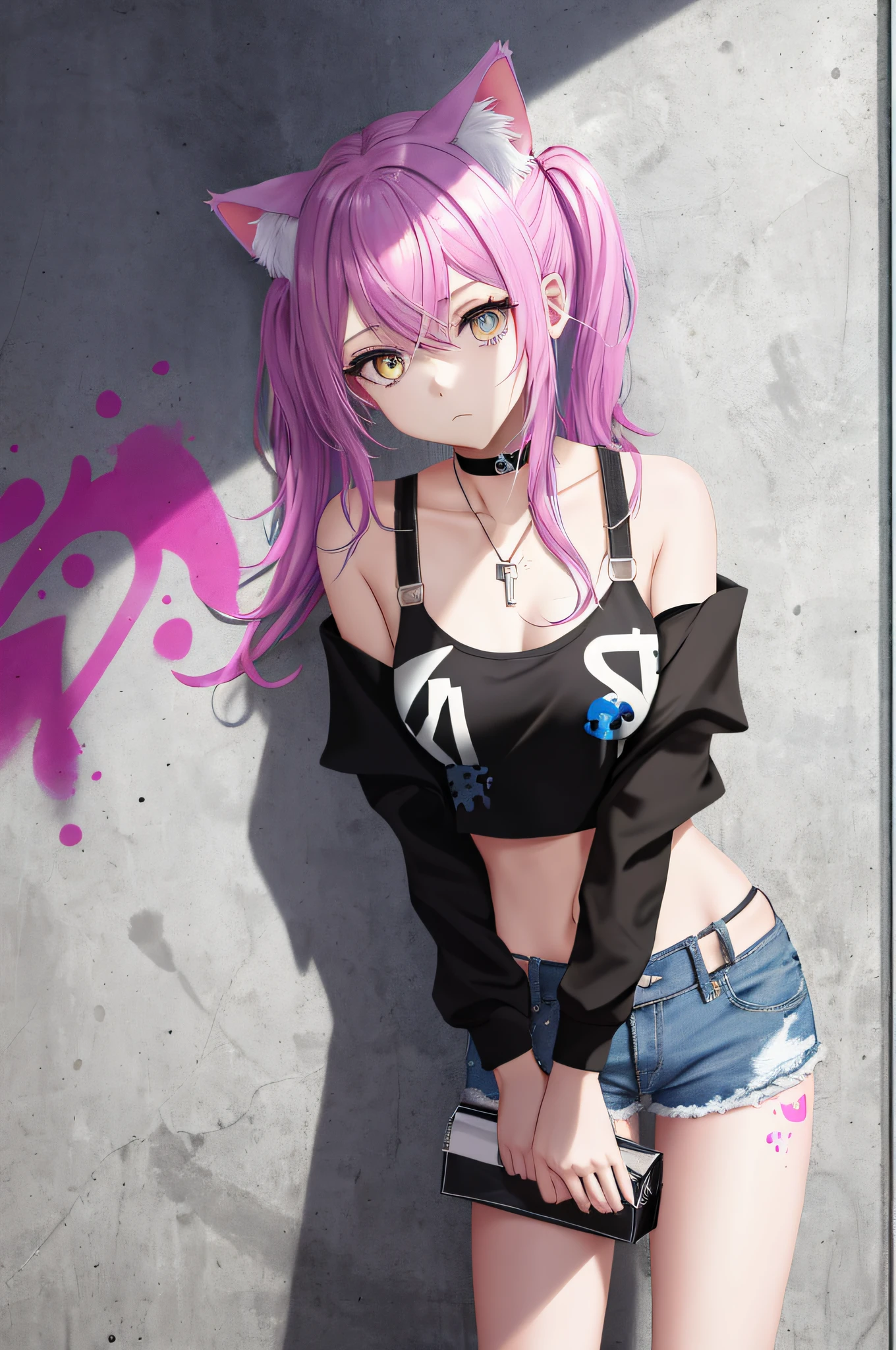 Absurdity, Top quality, Feline eared girl, Solo, Striped hair, Crop top, Denim shorts, Choker, (graffiti: 1.5), Splatters of paint, Arms back, (Leaning forward), Lean back, Leaning against the wall, (Tilting to the side: 0.25), Watch the viewer, Armbands, Thigh straps, Striped hair, Paint on the body, Upturned eyes, Head down, Head tilted, (from the side :0.75), bored, (expressionless: 0.75)