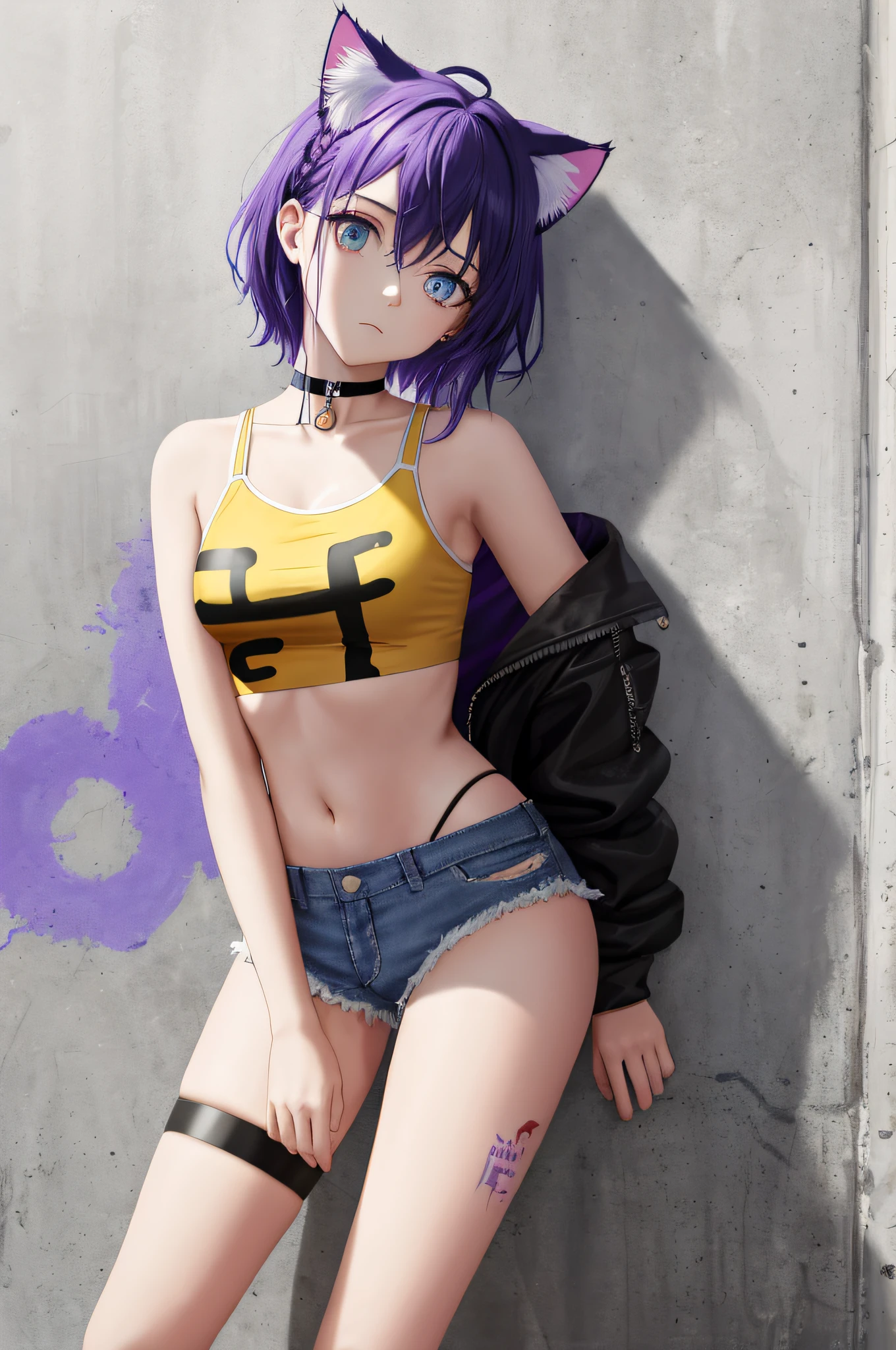 Absurdity, Top quality, Feline eared girl, Solo, Striped hair, Crop top, Denim shorts, Choker, (graffiti: 1.5), Splatters of paint, Arms back, (Leaning forward), Lean back, Leaning against the wall, (Tilting to the side: 0.25), Watch the viewer, Armbands, Thigh straps, Striped hair, Paint on the body, Upturned eyes, Head down, Head tilted, (from the side :0.75), bored, (expressionless: 0.75)
