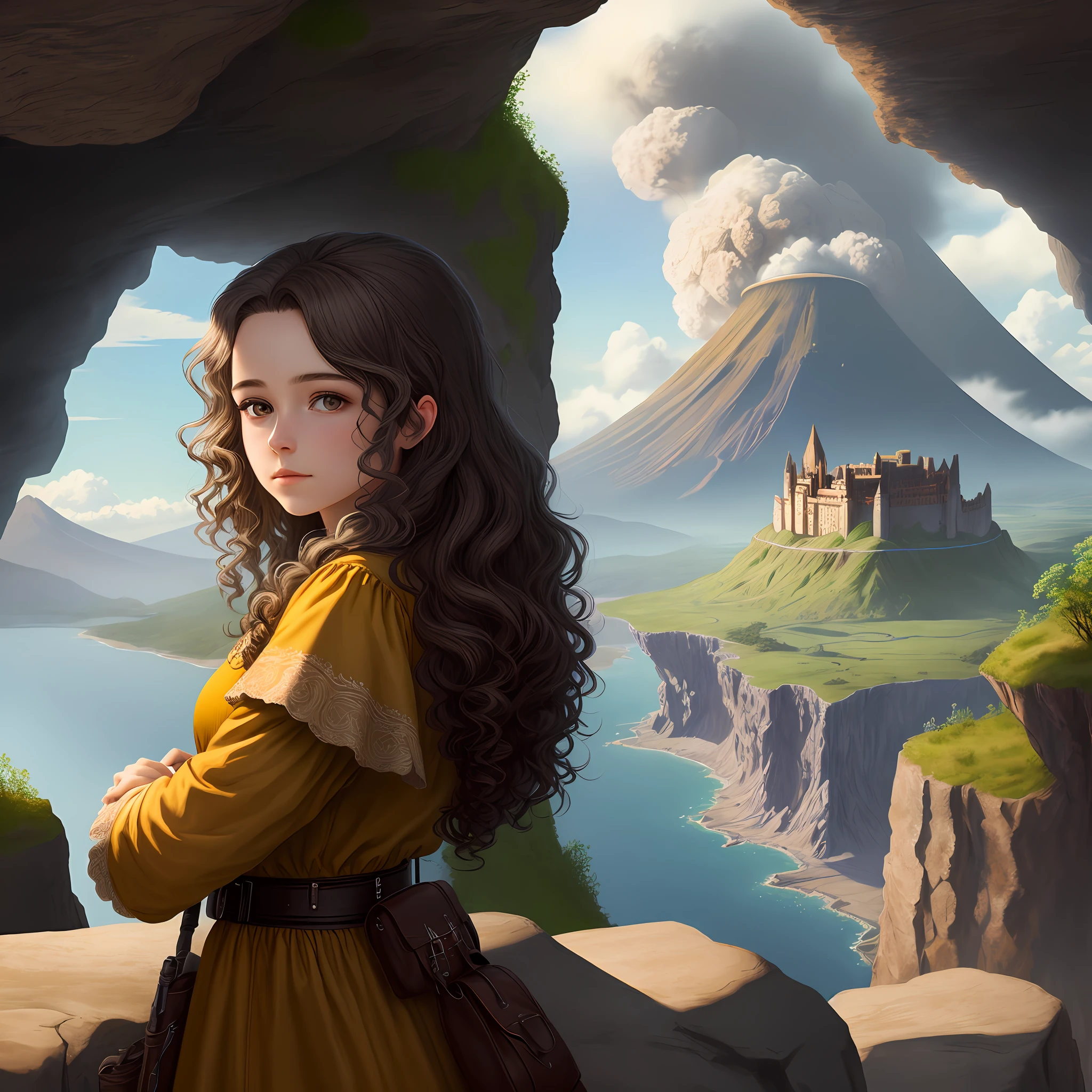 Drawing, fantasy, realism, high detail, rock, cliff, castle, girl 26 years old with curly brown hair, looking at the volcano, 8kk