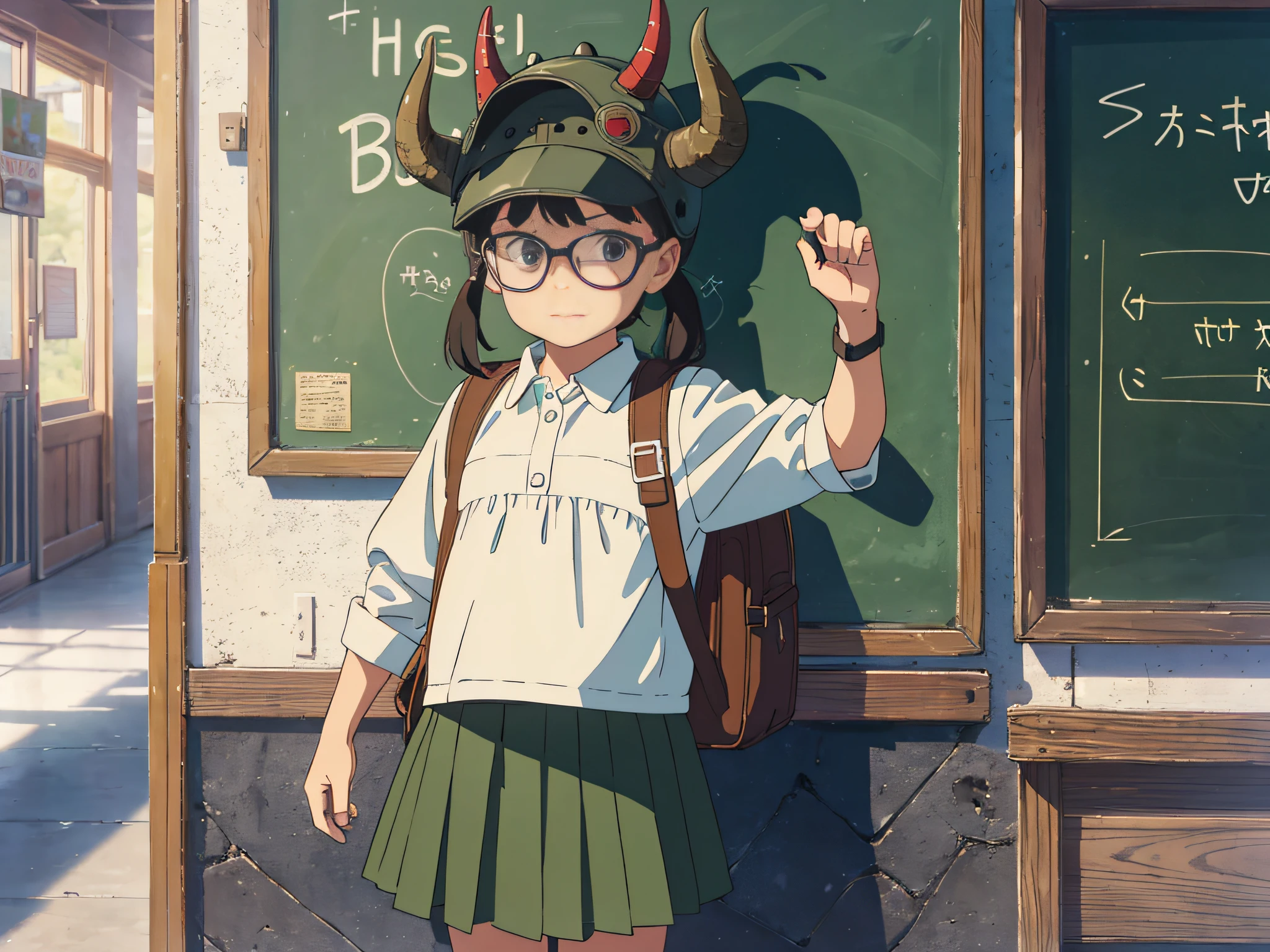 Five-year-old girl wearing a bull demon helmet, carrying an olive green backpack, denim strap skirt, black-framed glasses, standing in front of a blackboard doing questions, full body shot, three views, Pux style-ar 16:9 --auto --s2