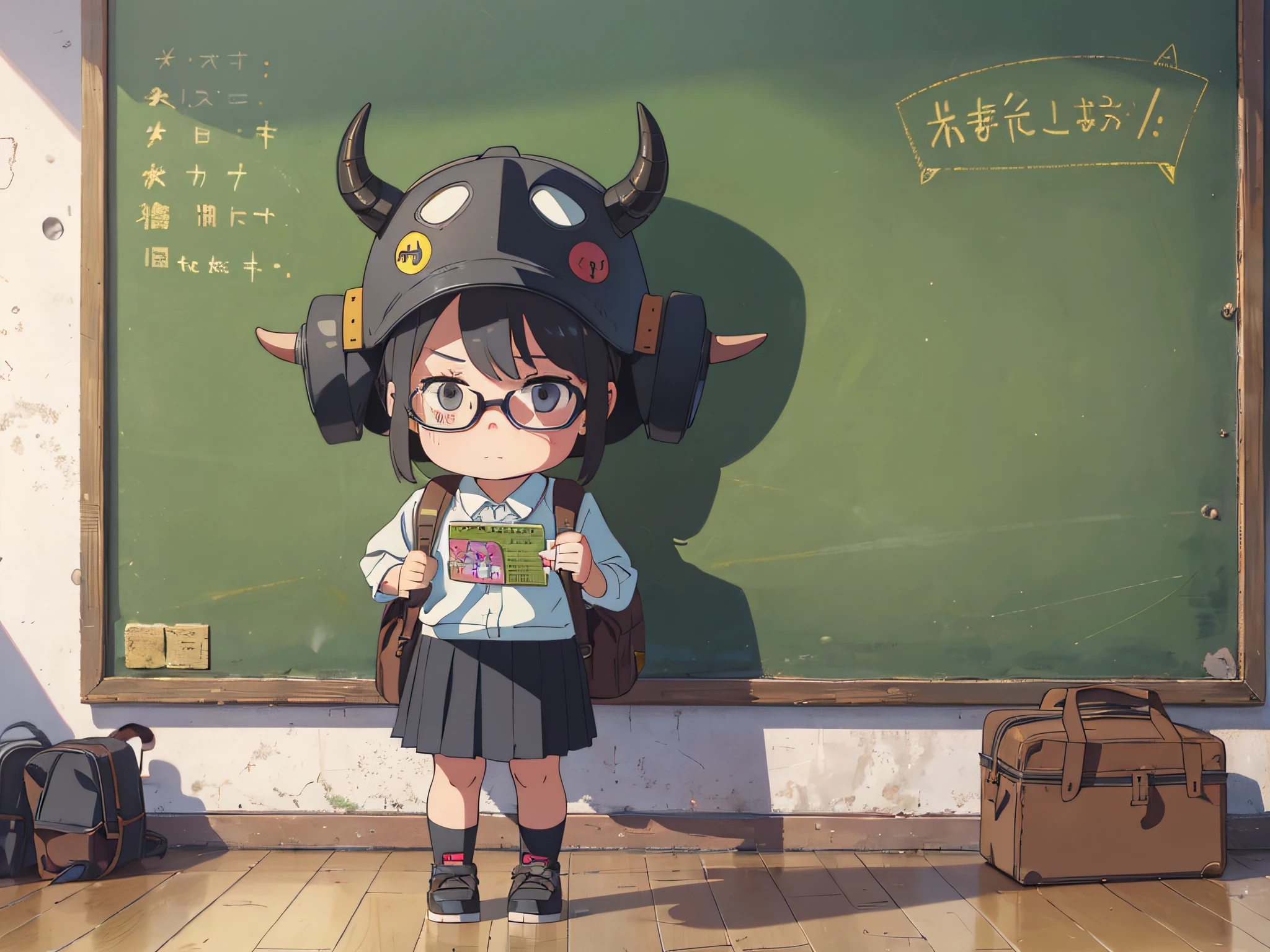 Five-year-old girl wearing a bull demon helmet, carrying an olive green backpack, denim strap skirt, black-framed glasses, standing in front of a blackboard doing questions, full body shot, three views, Pux style-ar 16:9 --auto --s2