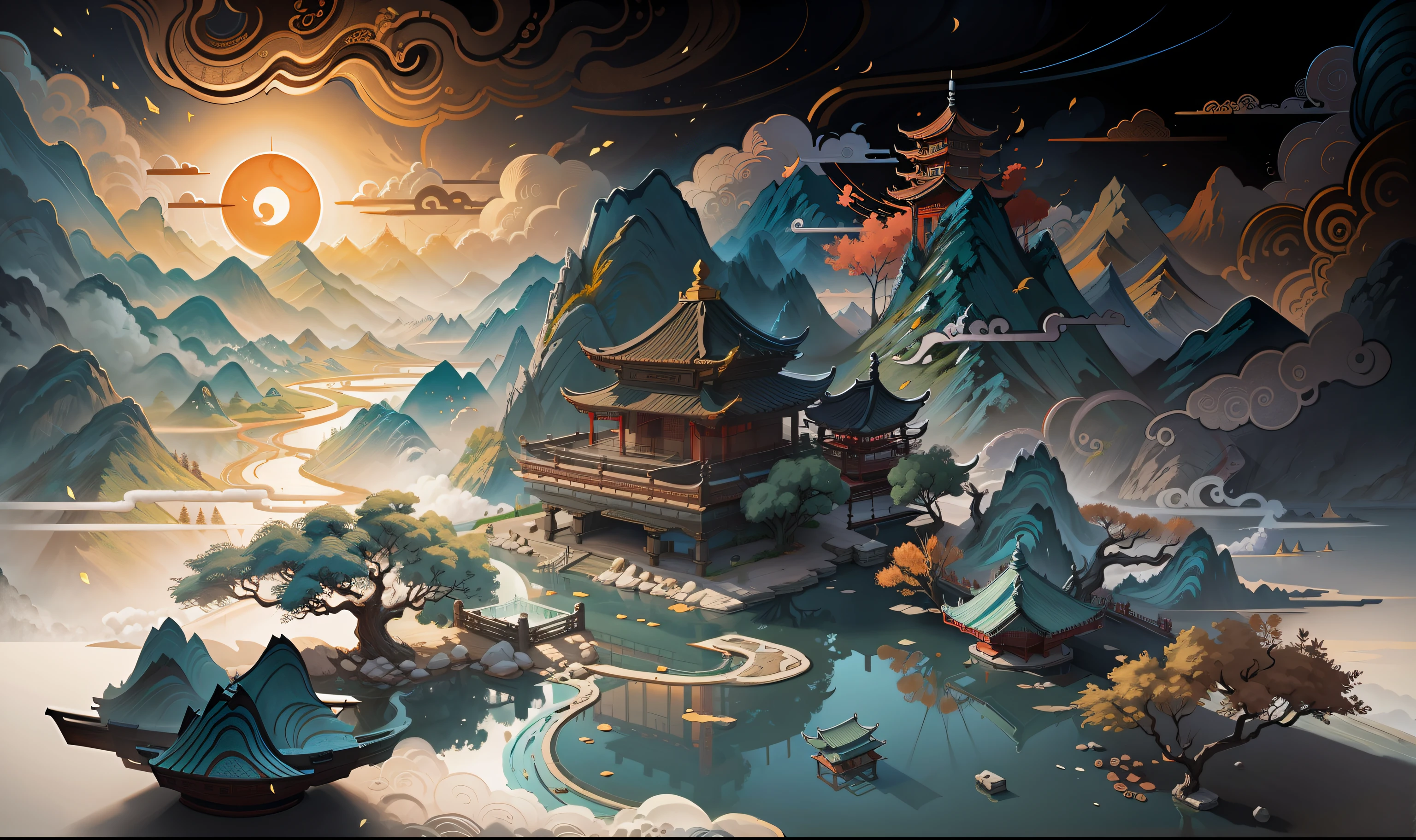 Ancient Chinese scenery, mountains, rivers, auspicious clouds, sunshine, masterpieces, super detail, epic composition, ultra HD, high quality, extremely detailed, official art, unified 8k wallpaper, Super detail, 32k -- v 6