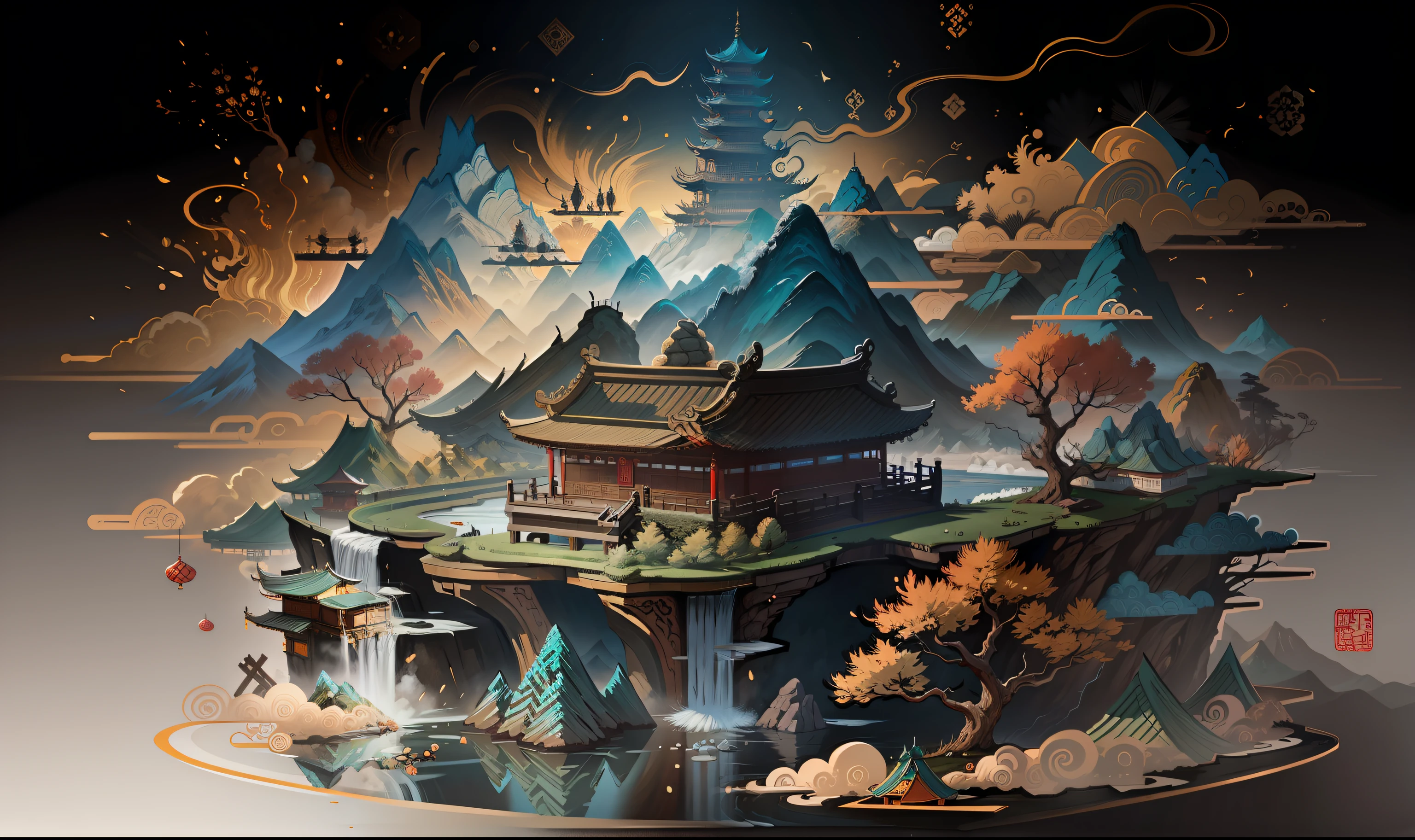 Ancient Chinese scenery, mountains, rivers, auspicious clouds, sunshine, masterpieces, super detail, epic composition, ultra HD, high quality, extremely detailed, official art, unified 8k wallpaper, Super detail, 32k -- v 6