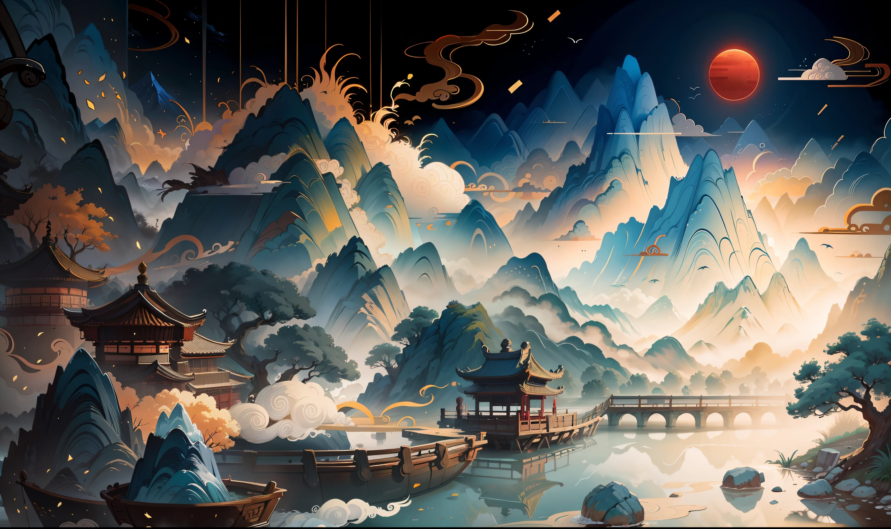 Ancient Chinese scenery, mountains, rivers, auspicious clouds, sunshine, masterpieces, super detail, epic composition, ultra HD, high quality, extremely detailed, official art, unified 8k wallpaper, Super detail, 32k -- v 6
