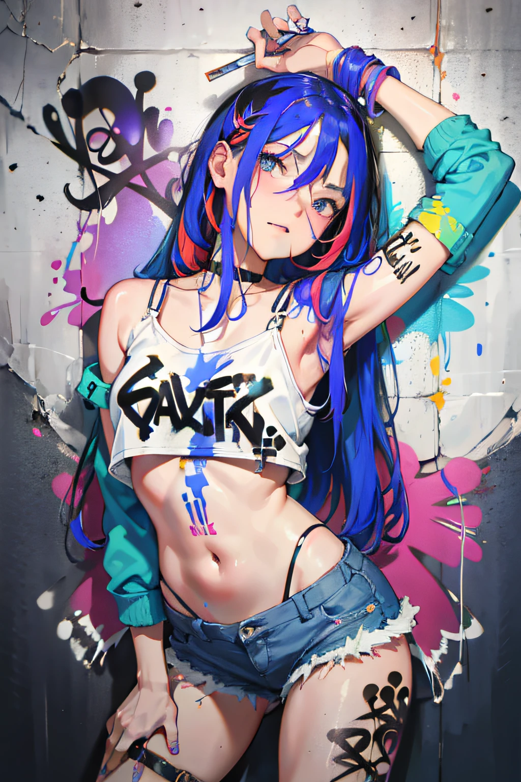 absurdres, best quality,1girl, solo, streaked hair, crop top, denim shorts, choker, (graffiti:1.5), paint splatter, arms behind back, (slouching), leaning back, against wall, (leaning to the side:0.25), looking at viewer, armband, thigh strap, streaked hair, paint on body, upturned eyes, head down, head tilt, (from side:0.75), bored, (expressionless:0.75)
