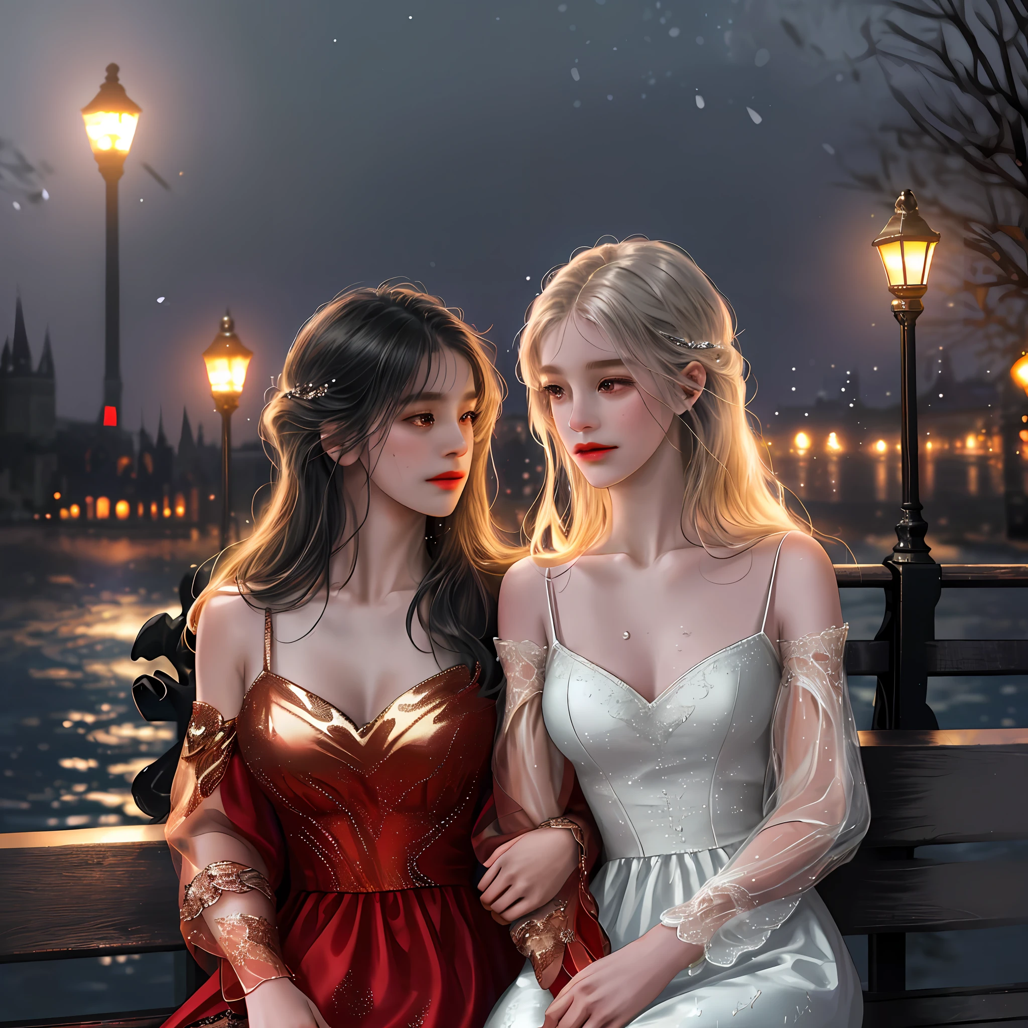 Intimate and high-quality photos of (couple:1.2), lap on (bench:1.1), (enchanting light:1.1), sexy, passionate, exquisitely detailed, (sweat:1.1) with (glittering droplets:1.1), castle backgrounds, Sony Alpha 7R IV Camera, Digital Photo, f/2.8 lens, black-red, , Too many realistic textures, trends on social media, night light
