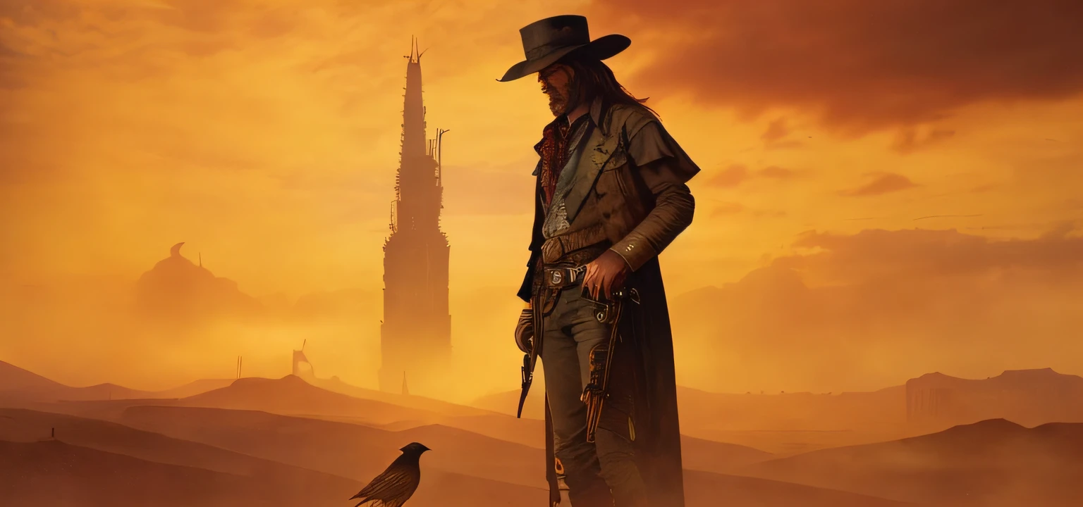 cowboy standing in front of a tall tower with a bird on the ground, the dark tower, tim bradstreet, cyberpunk wild west, the gunslinger, weird west, post - apocalyptic cowboy, solomon kane, giraud!, gunslinger, the cowboy in the weird west, space western, as a solomon kane, an epic western, giraud!!