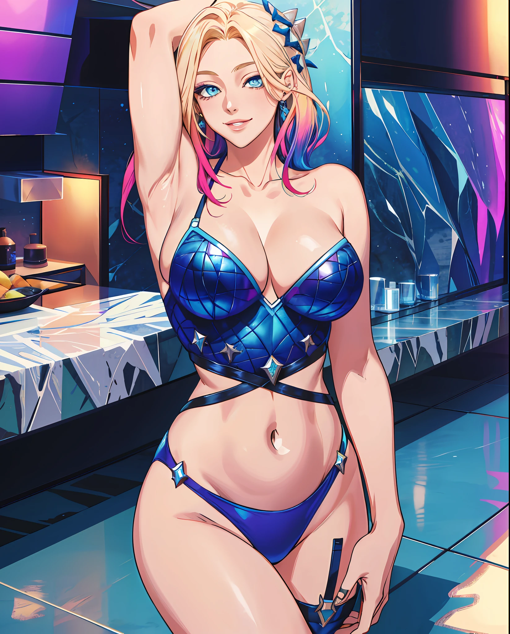 masterpiece, best quality, highres, ahri1, 1girl, solo, Blonde hair, k/da \(league of legends\), multicolored hair, blue eyes, two-tone hair, large breasts, busty body, slightly chubby tummy, micro bikini, smile, standing