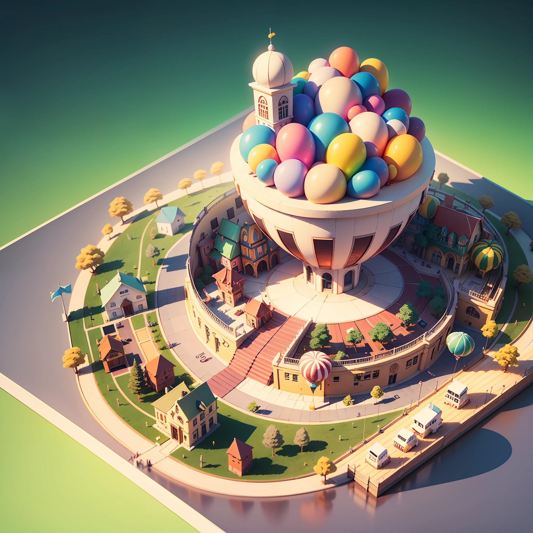 Isometric house, (45 degree view from top), cartoon, coffee house, colorful balloons, cute architecture, huge coffee-like signboard, amusement park, blank background, clear structure, correct light and shadow, 3d rendering --s2