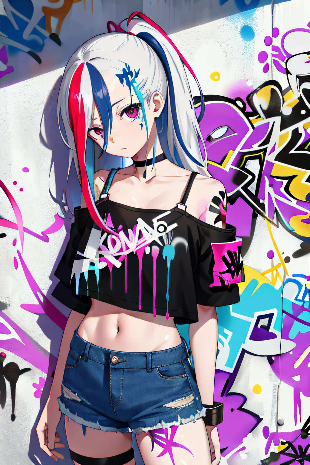 absurdres, best quality,1girl, solo, streaked hair, crop top, denim shorts, choker, (graffiti:1.5), paint splatter, arms behind back, (slouching), leaning back, against wall, (leaning to the side:0.25), looking at viewer, armband, thigh strap, streaked hair, paint on body, upturned eyes, head down, head tilt, (from side:0.75), bored, (expressionless:0.75)