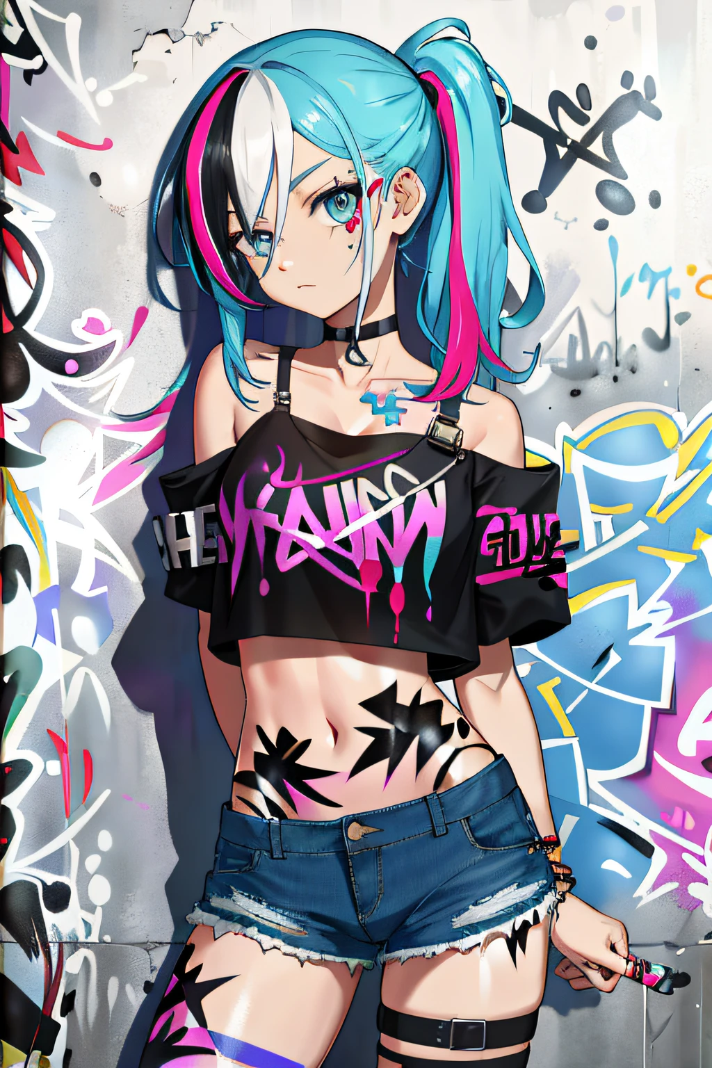 absurdres, best quality,1girl, solo, streaked hair, crop top, denim shorts, choker, (graffiti:1.5),  paint splatter, arms behind back, (slouching), leaning back, against wall, (leaning to the side:0.25), looking at viewer, armband, thigh strap, streaked hair, paint on body, upturned eyes, head down, head tilt, (from side:0.75), bored, (expressionless:0.75)