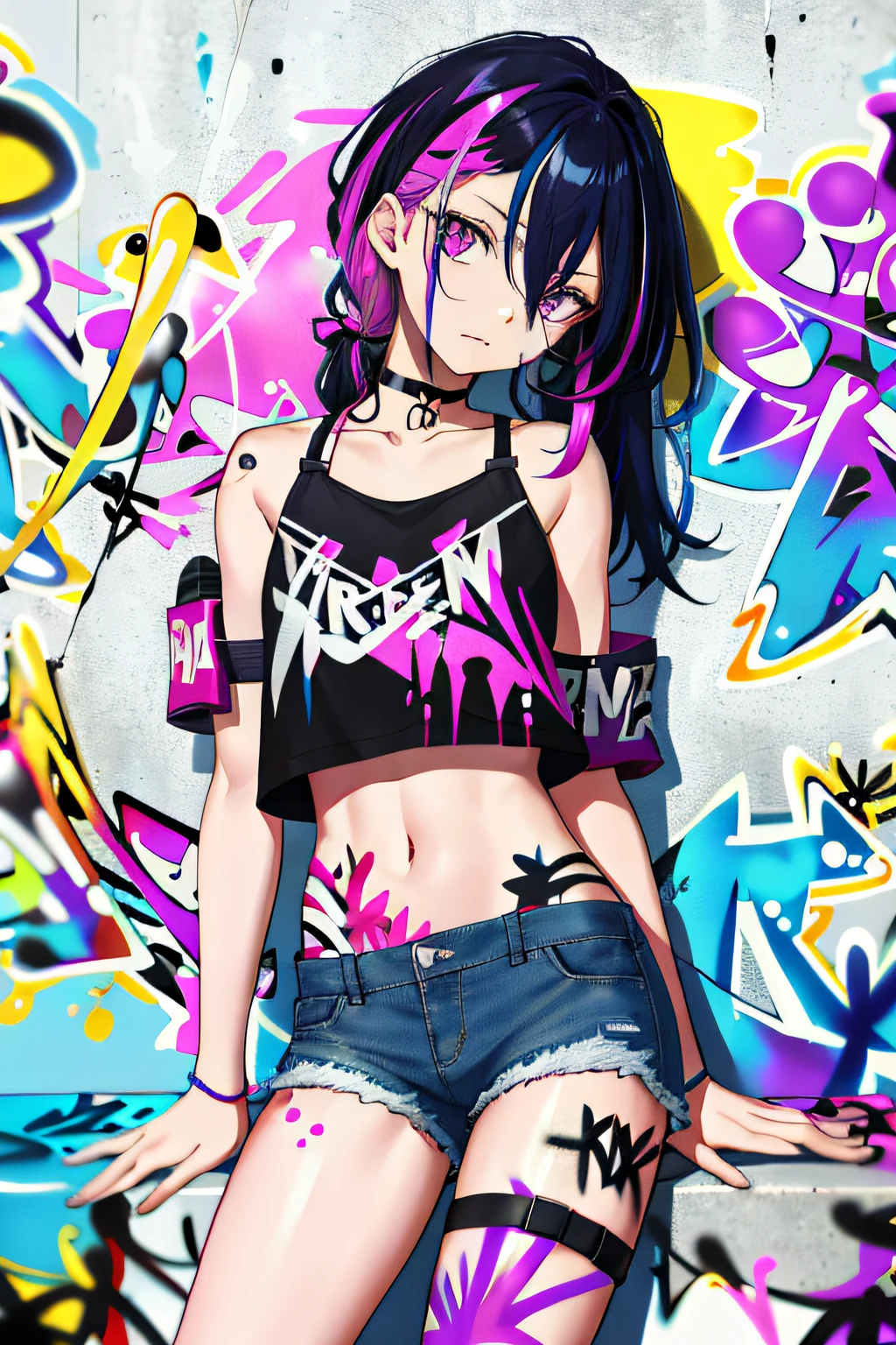 absurdres, best quality,1girl, solo, streaked hair, crop top, denim shorts, choker, (graffiti:1.5), paint splatter, arms behind back, (slouching), leaning back, against wall, (leaning to the side:0.25), looking at viewer, armband, thigh strap, streaked hair, paint on body, upturned eyes, head down, head tilt, (from side:0.75), bored, (expressionless:0.75)