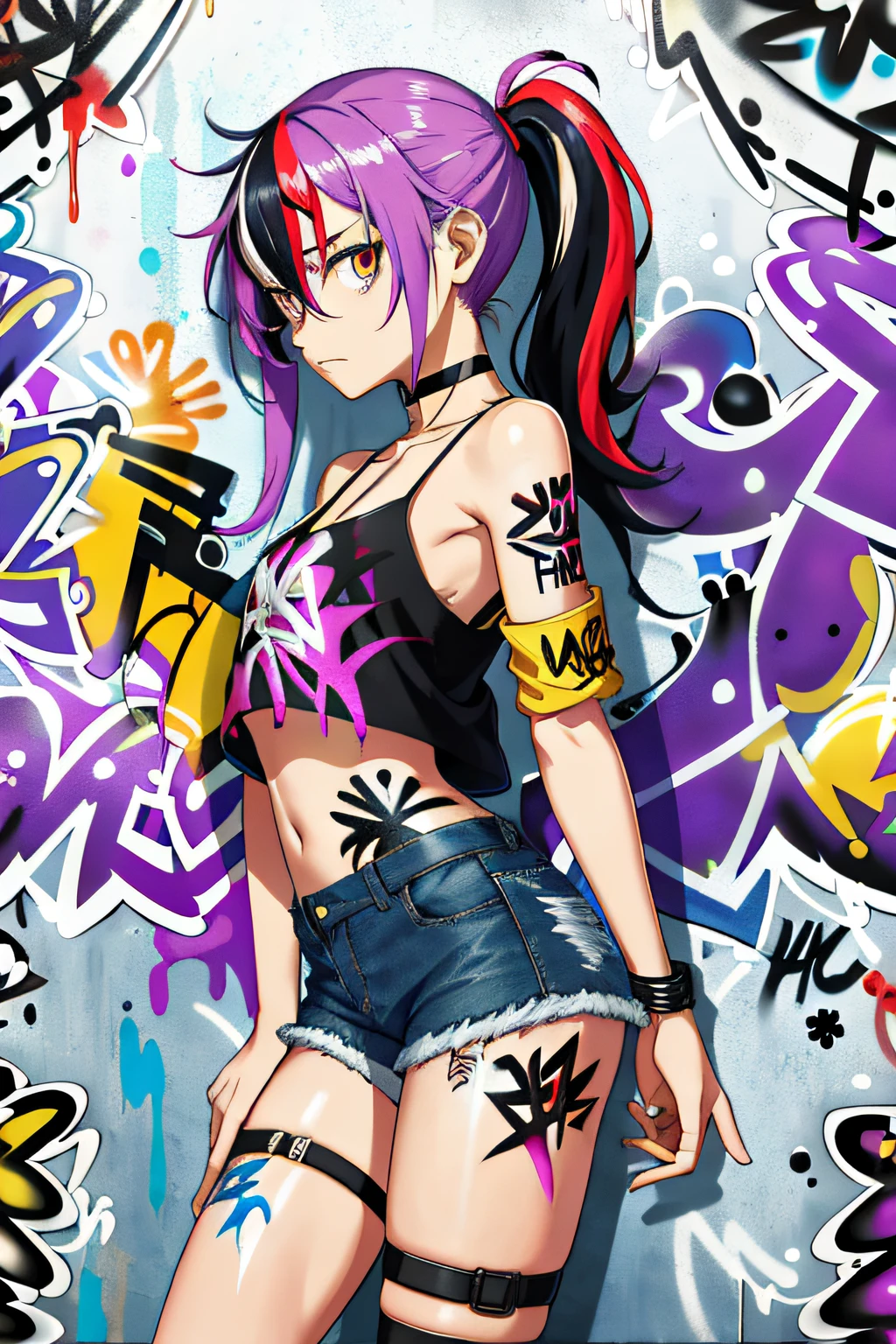 absurdres, best quality,1girl, solo, streaked hair, crop top, denim shorts, choker, (graffiti:1.5),  paint splatter, arms behind back, (slouching), leaning back, against wall, (leaning to the side:0.25), looking at viewer, armband, thigh strap, streaked hair, paint on body, upturned eyes, head down, head tilt, (from side:0.75), bored, (expressionless:0.75)