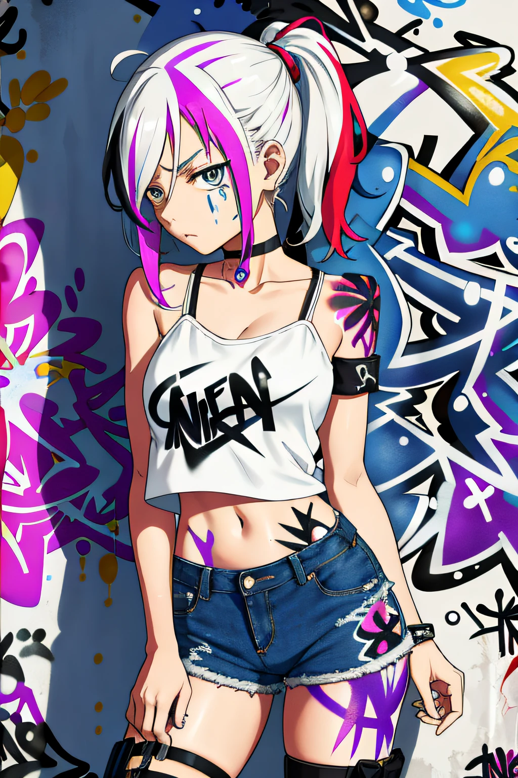 absurdres, best quality,1girl, solo, streaked hair, crop top, denim shorts, choker, (graffiti:1.5), paint splatter, arms behind back, (slouching), leaning back, against wall, (leaning to the side:0.25), looking at viewer, armband, thigh strap, streaked hair, paint on body, upturned eyes, head down, head tilt, (from side:0.75), bored, (expressionless:0.75)