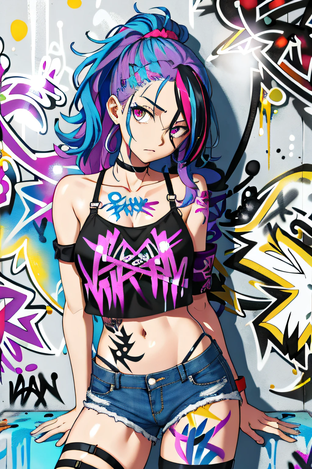 absurdres, best quality,1girl, solo, streaked hair, crop top, denim shorts, choker, (graffiti:1.5), paint splatter, arms behind back, (slouching), leaning back, against wall, (leaning to the side:0.25), looking at viewer, armband, thigh strap, streaked hair, paint on body, upturned eyes, head down, head tilt, (from side:0.75), bored, (expressionless:0.75)