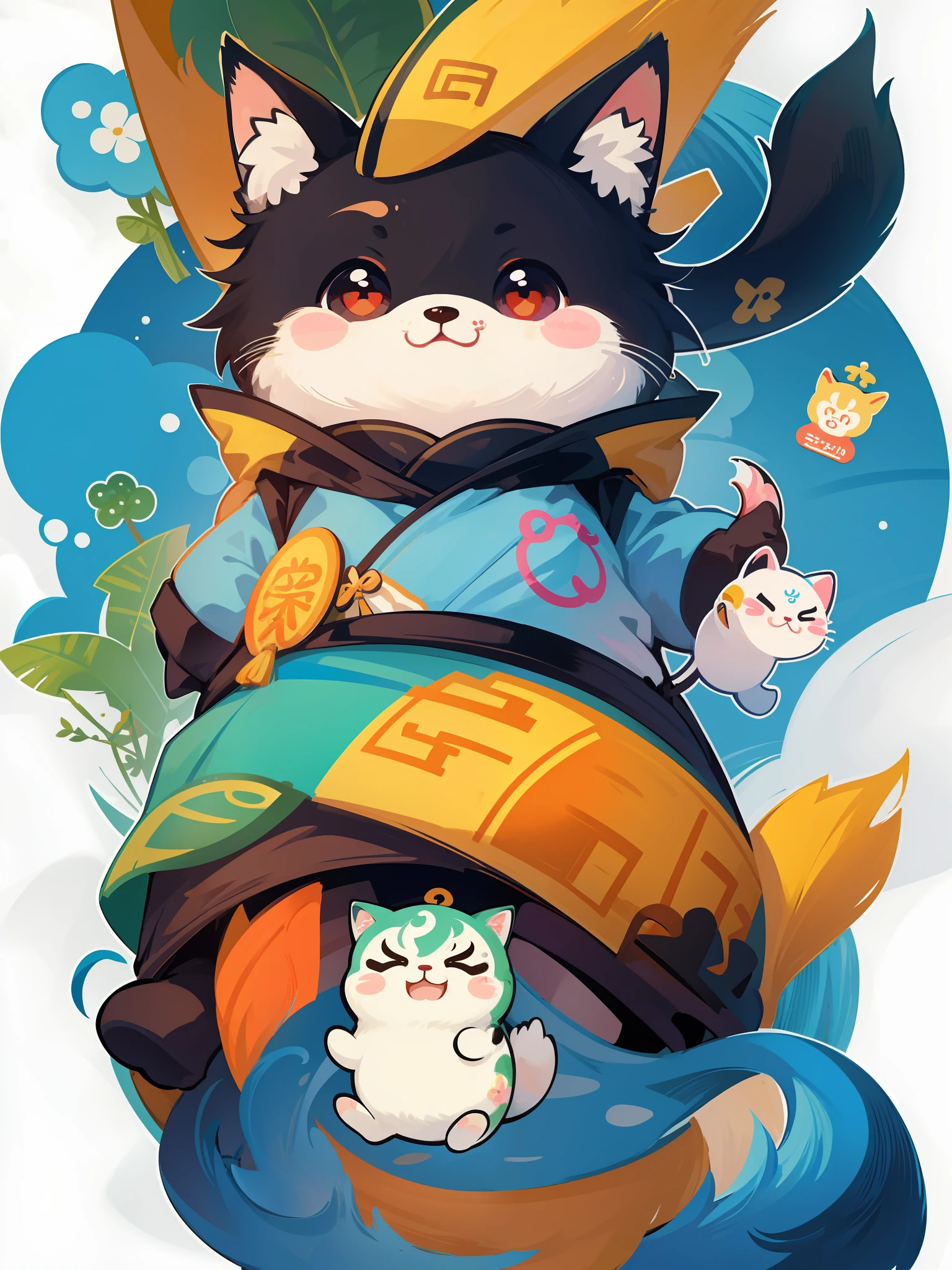 there are many different animals and words written in chinese, hand painted cartoon art style, art cover, kawaii cutest sticker ever, sticker illustration, by Shiba Kōkan, by Kōno Michisei, cute features, 中 元 节, by Gusukuma Seihō, stickers illustrations, cute characters